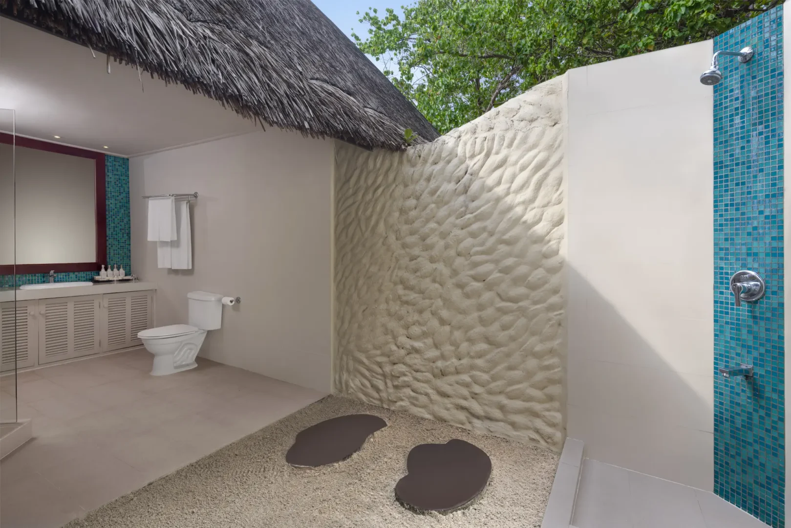 family beach villa washroom area at adaaran select hudhuranfushi maldives