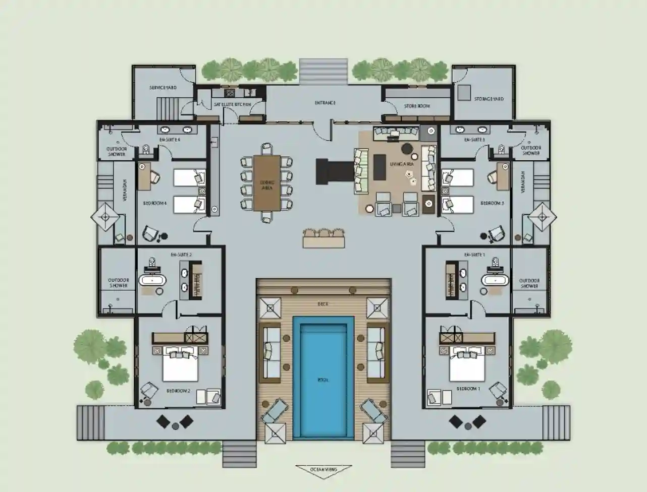 alphonse island seychelles the beach retreat floor plan showing open living spaces, bedrooms, bathrooms, and private terrace with ocean views
