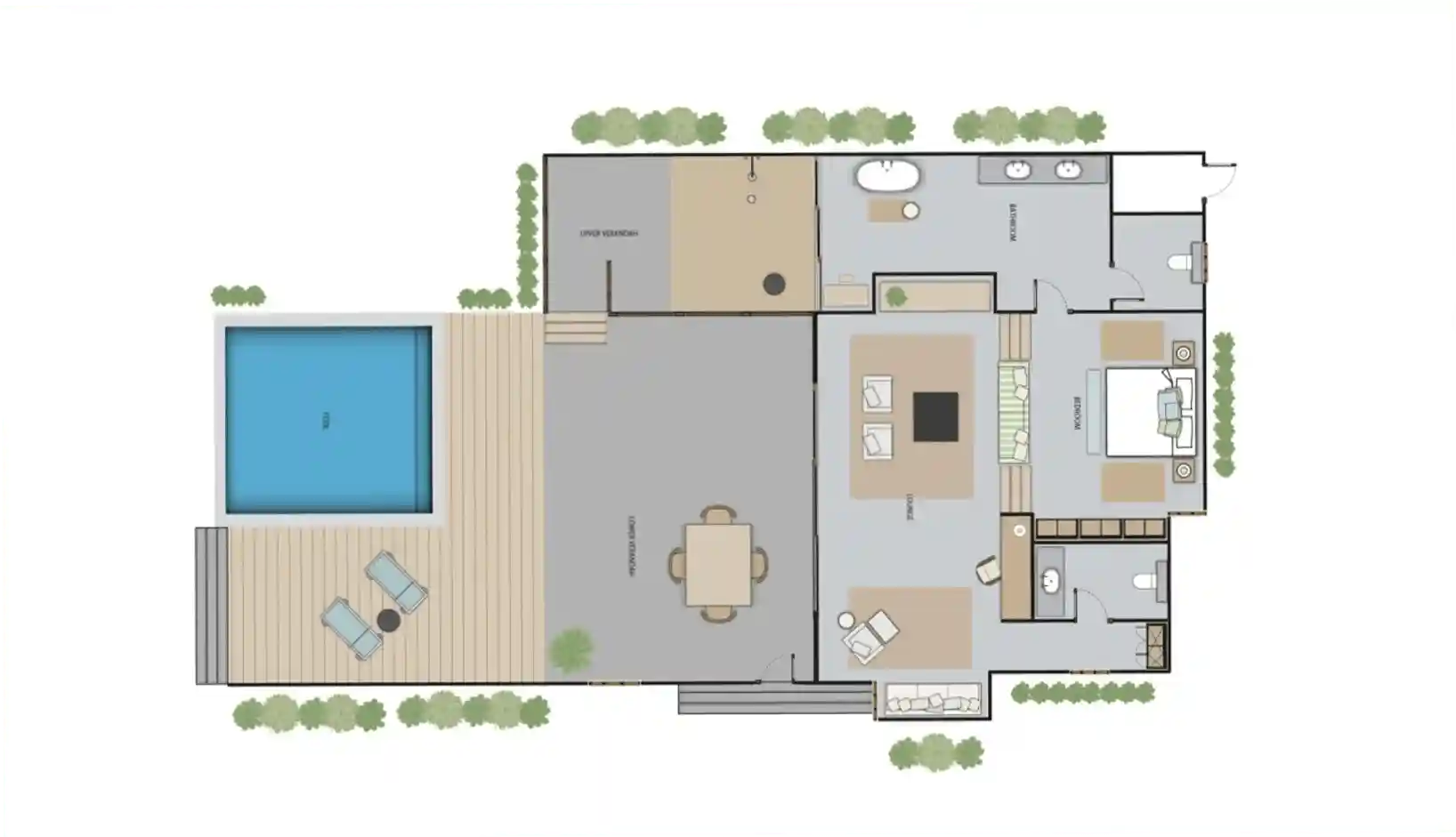 alphonse island seychelles the beach villa floor plan showing open living space, bedroom, bathroom, and private terrace with ocean views