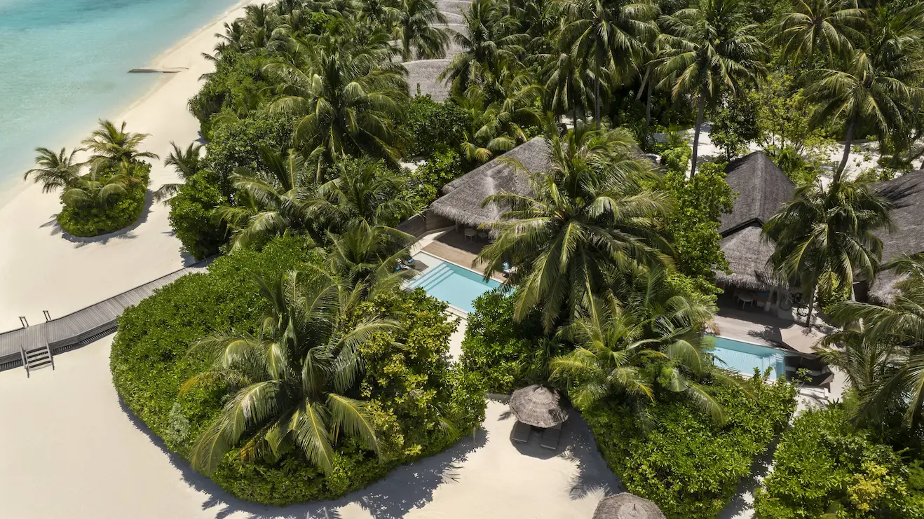 anantara dhigu maldives resort two bedroom family beach pool villa aerial
