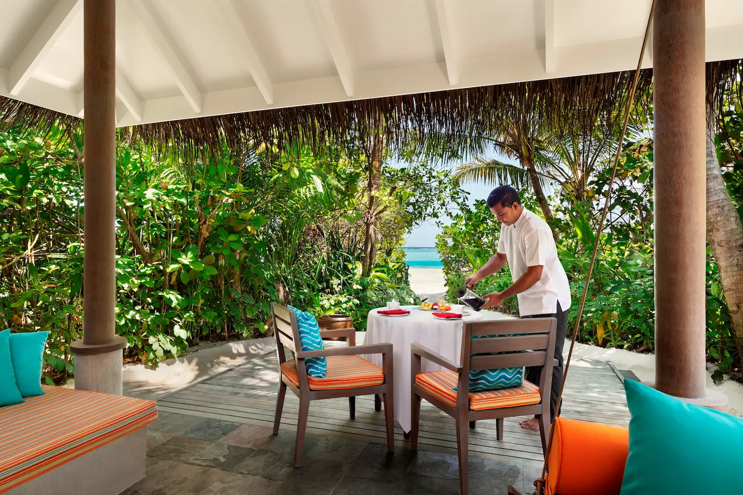 anantara dhigu sunrise beach villa balcony in out with model