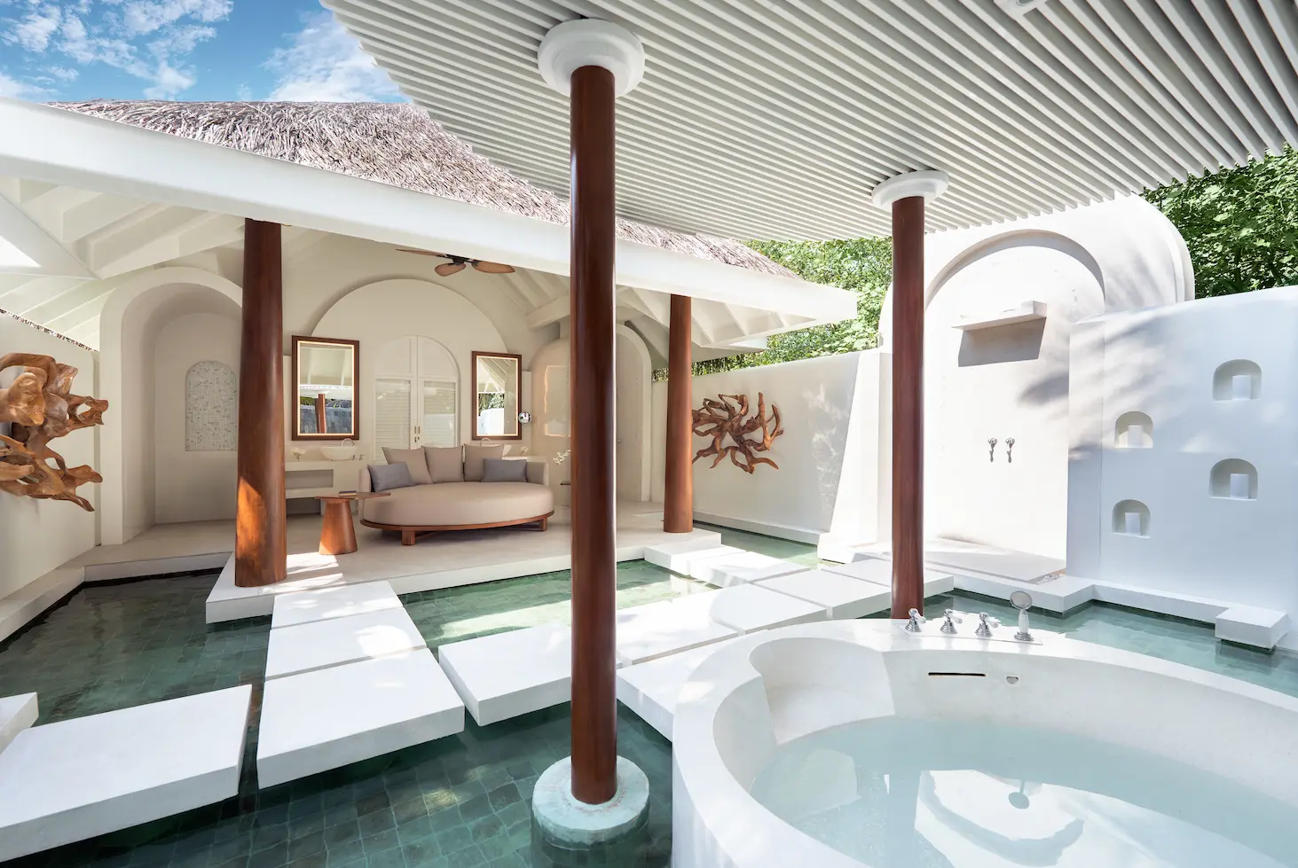 anantara kihavah maldives villas sunset beach pool villa open air bathroom