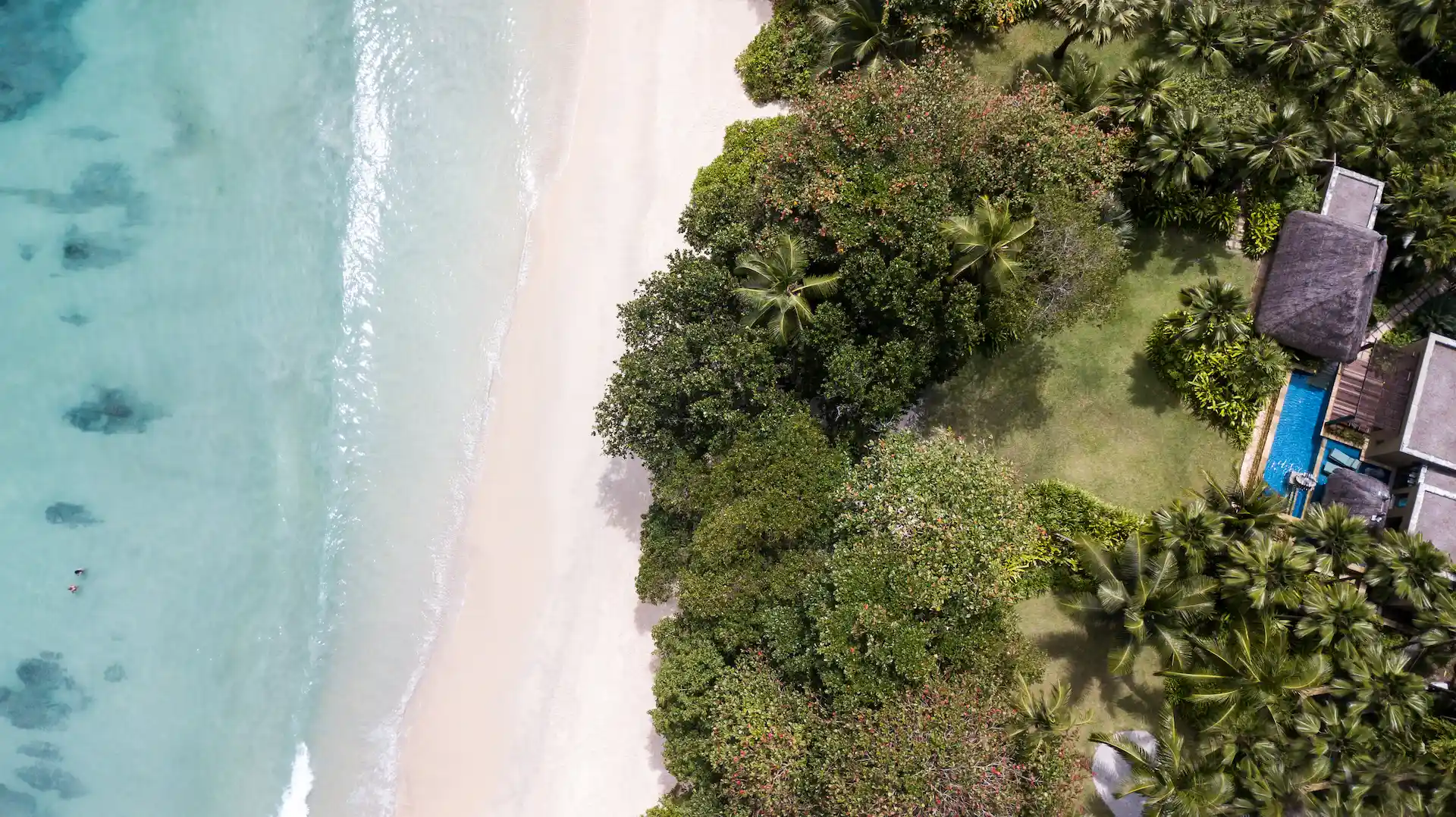 aerial view of a beach pool villa at Anantara Maia Seychelles Villas set along the shoreline with a private pool, tropical garden, and turquoise ocean