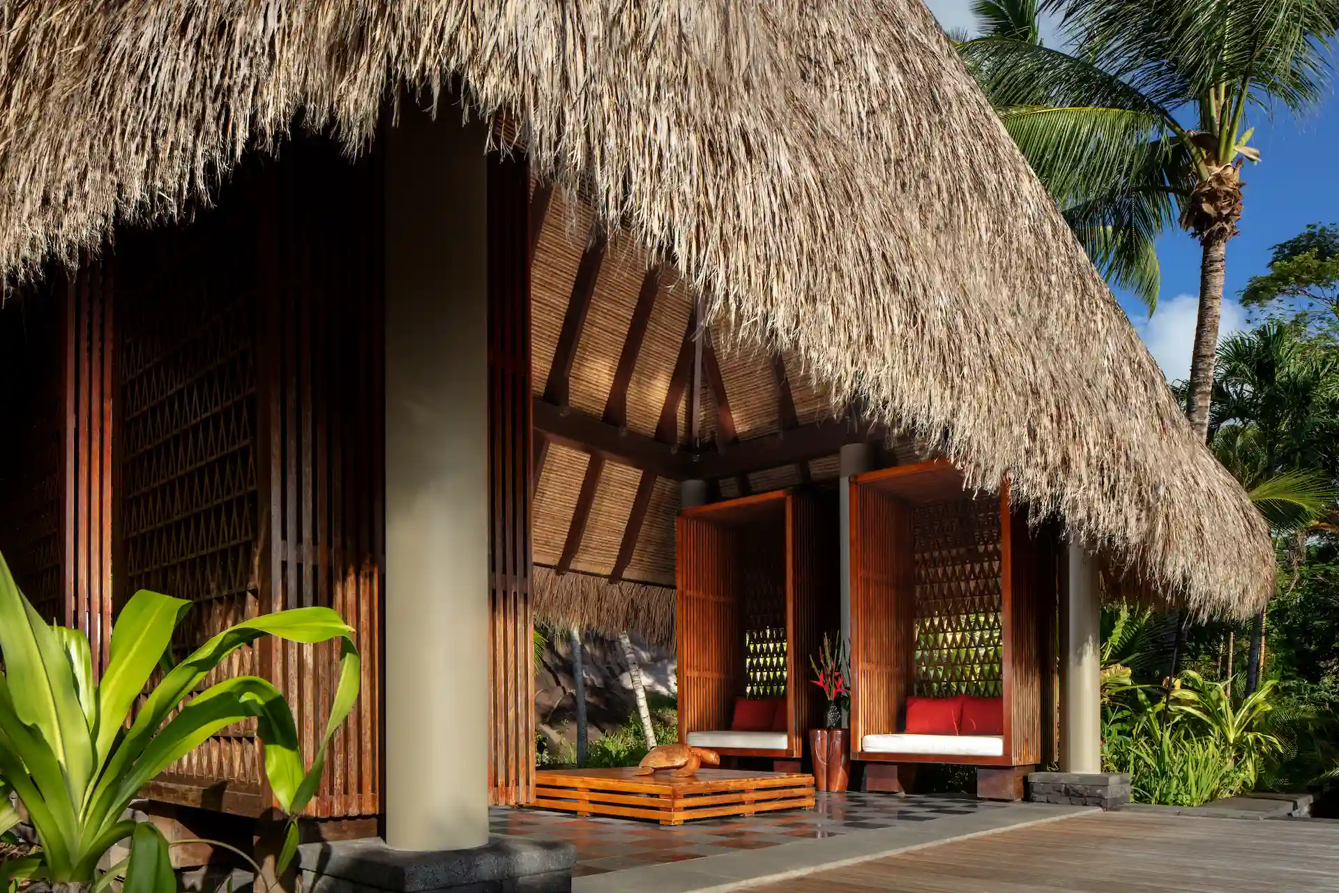 lobby view at Anantara Maia Seychelles Villas with open air design, natural materials, and views of tropical surroundings