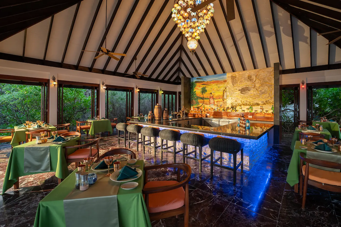 elegant bar counter setting at the lantern bar atmosphere kanifushi