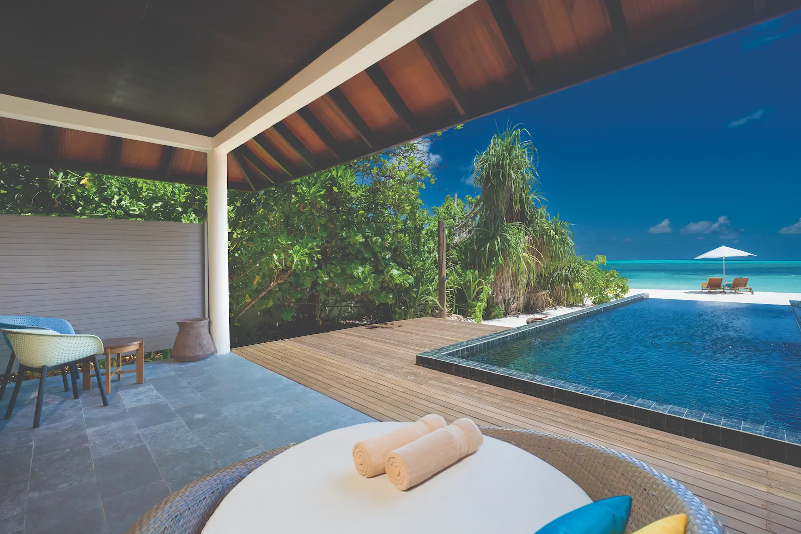 serene deck view of the kanifushi beach villa with private pool atmosphere kanifushi maldives