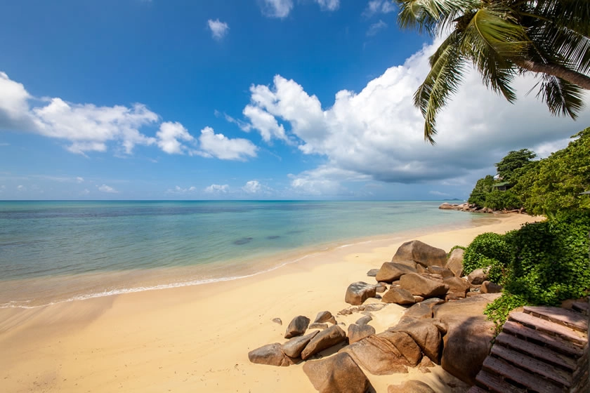 coco de mer seychelles beach with soft white sand, turquoise waters, and swaying palm trees along the shoreline