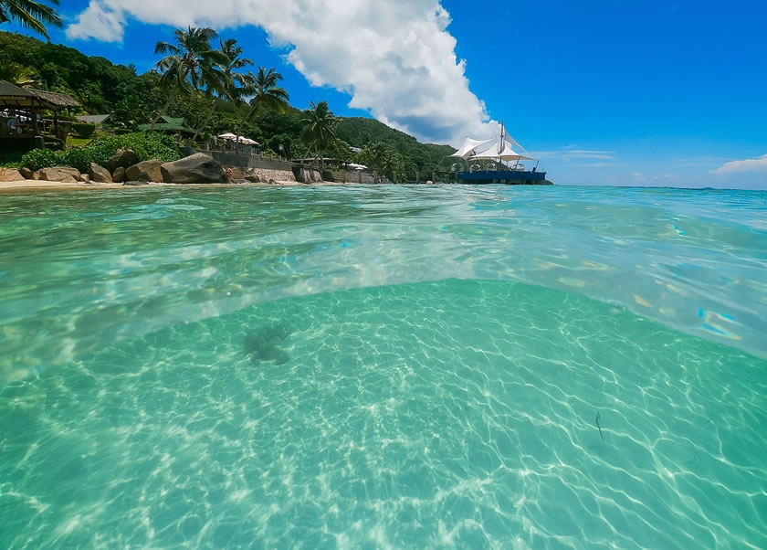 coco de mer seychelles sea with clear turquoise waters, gentle waves, and tropical island surroundings