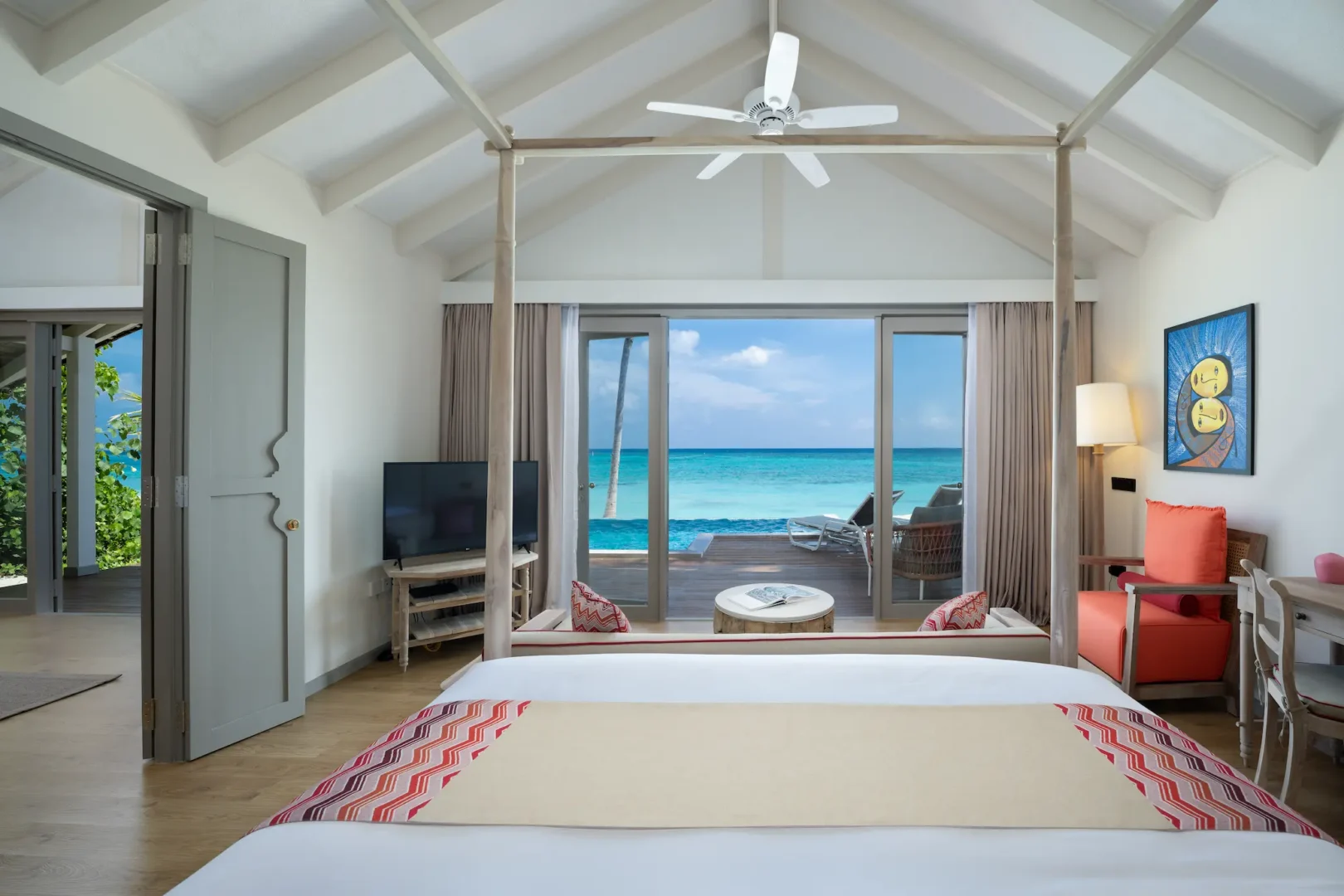 cora cora Maldives two bedroom family beach pool villa master bedroom with beachfront luxury interior, lagoon views, premium amenities and family friendly island accommodation in the Maldives
