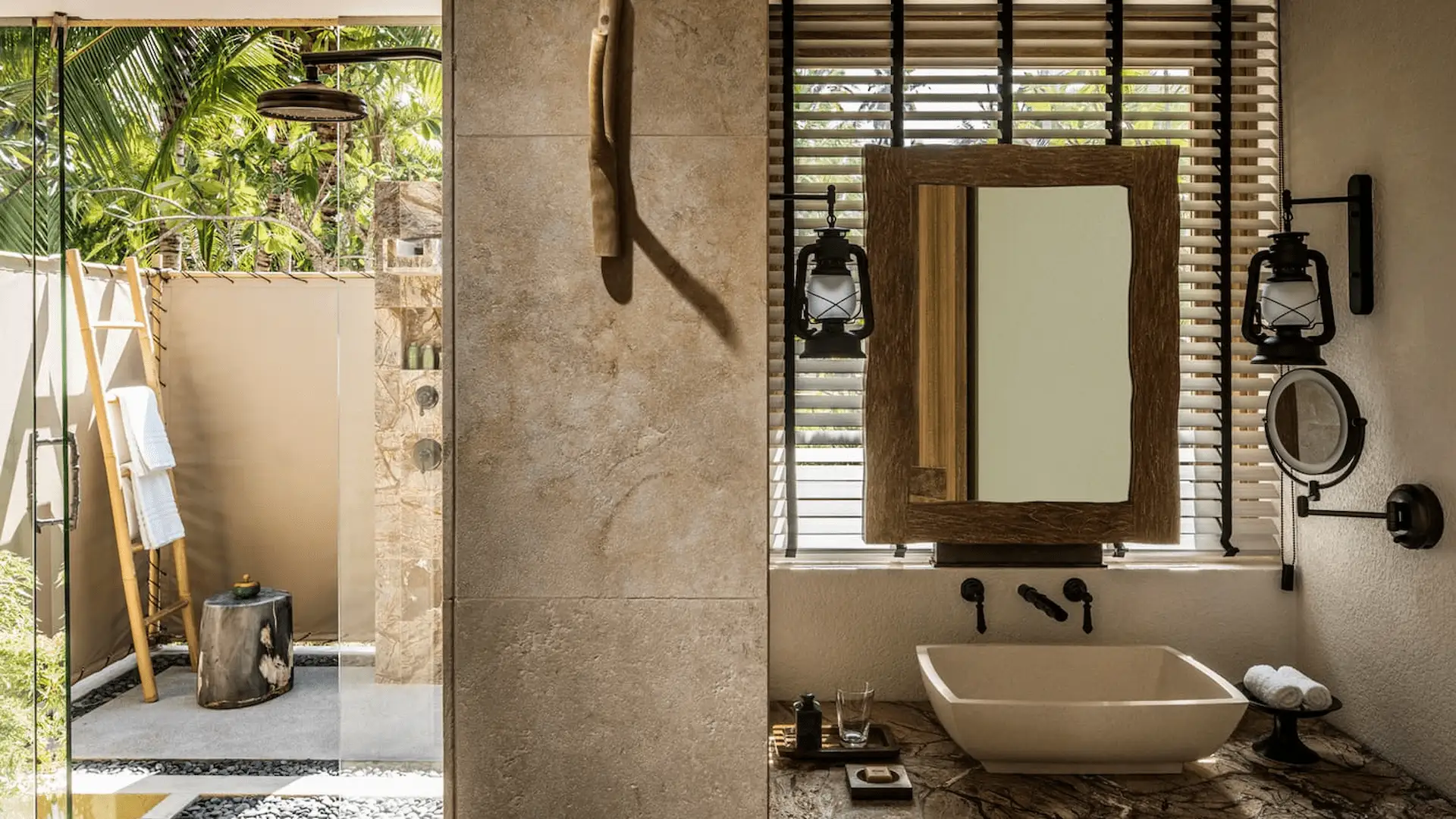 double sink bathroom in a two bedroom sunset beach suite at four seasons resort desroches seychelles with modern fixtures