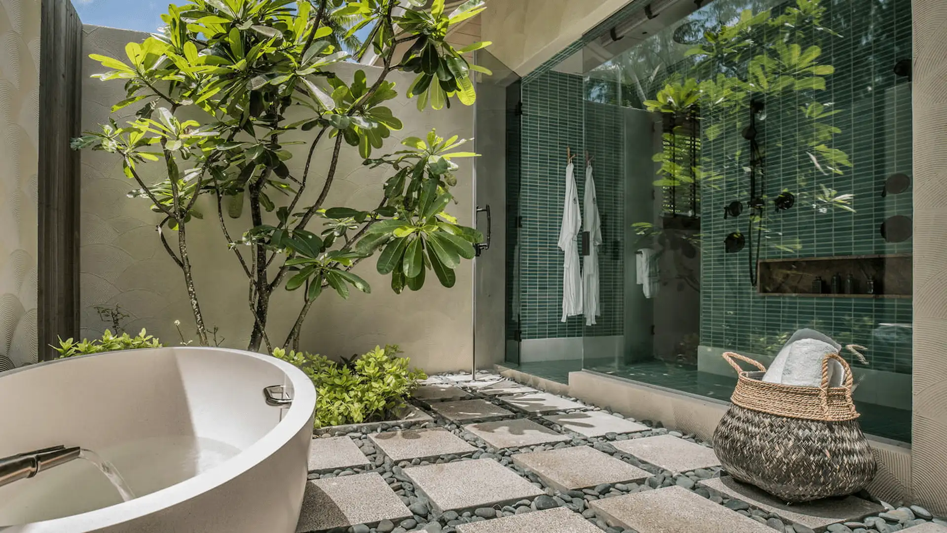 bathroom in a two bedroom presidential villa at four seasons resort desroches seychelles with bathtub and modern fixtures