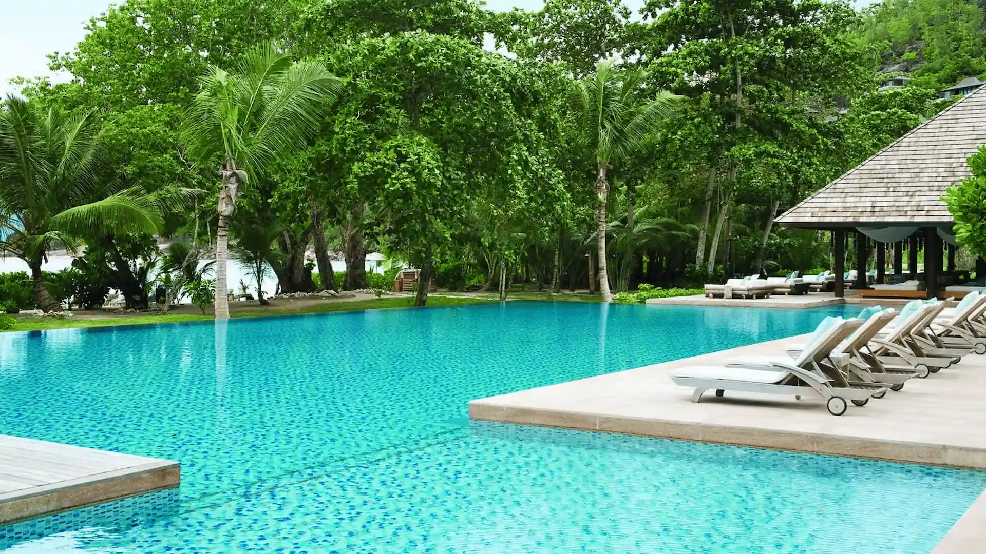 pool at Four Seasons Resort Seychelles surrounded by tropical greenery with sun loungers and ocean views