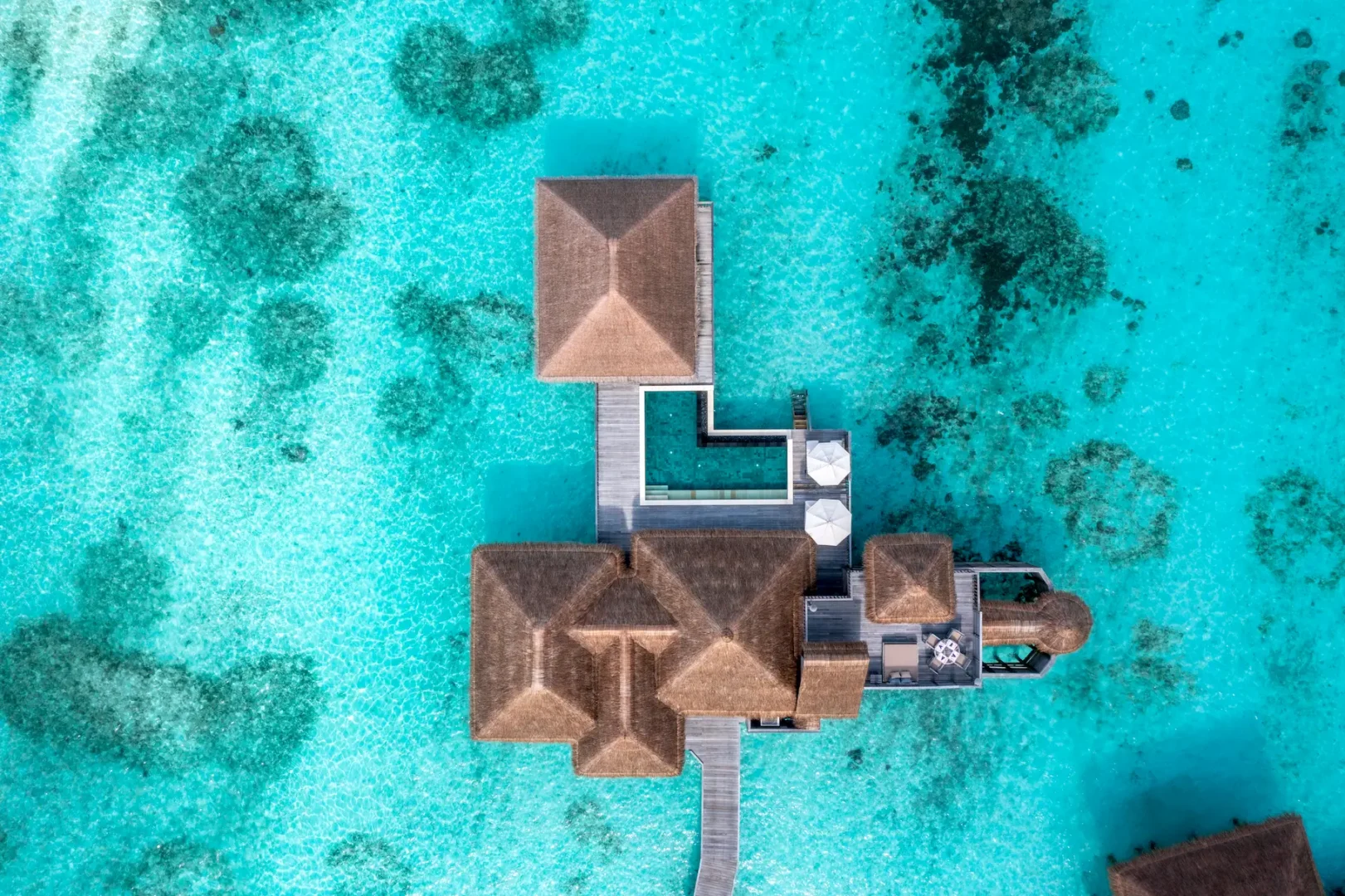 an elevated family villa with pool aerial view at gili lankanfushi maldives overlooking calm turquoise lagoon waters