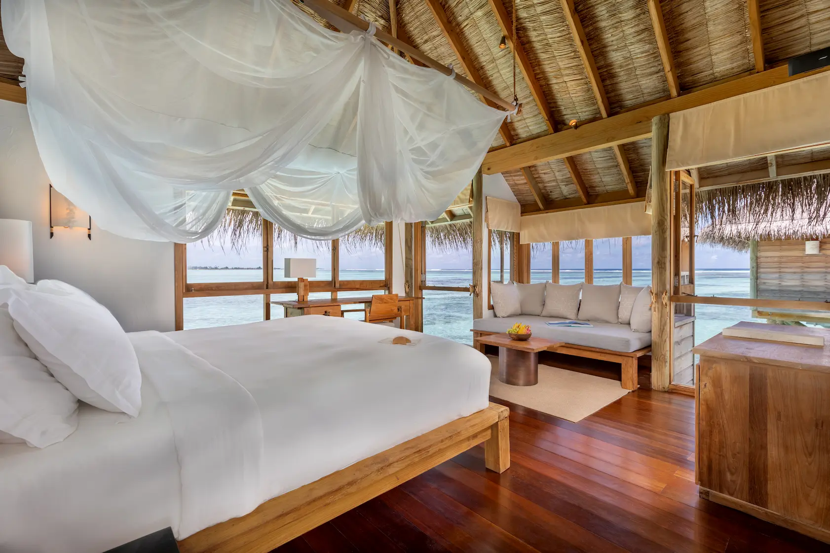 a tranquil family villa with pool second bedroom at gili lankanfushi maldives featuring soft natural textures and lagoon views
