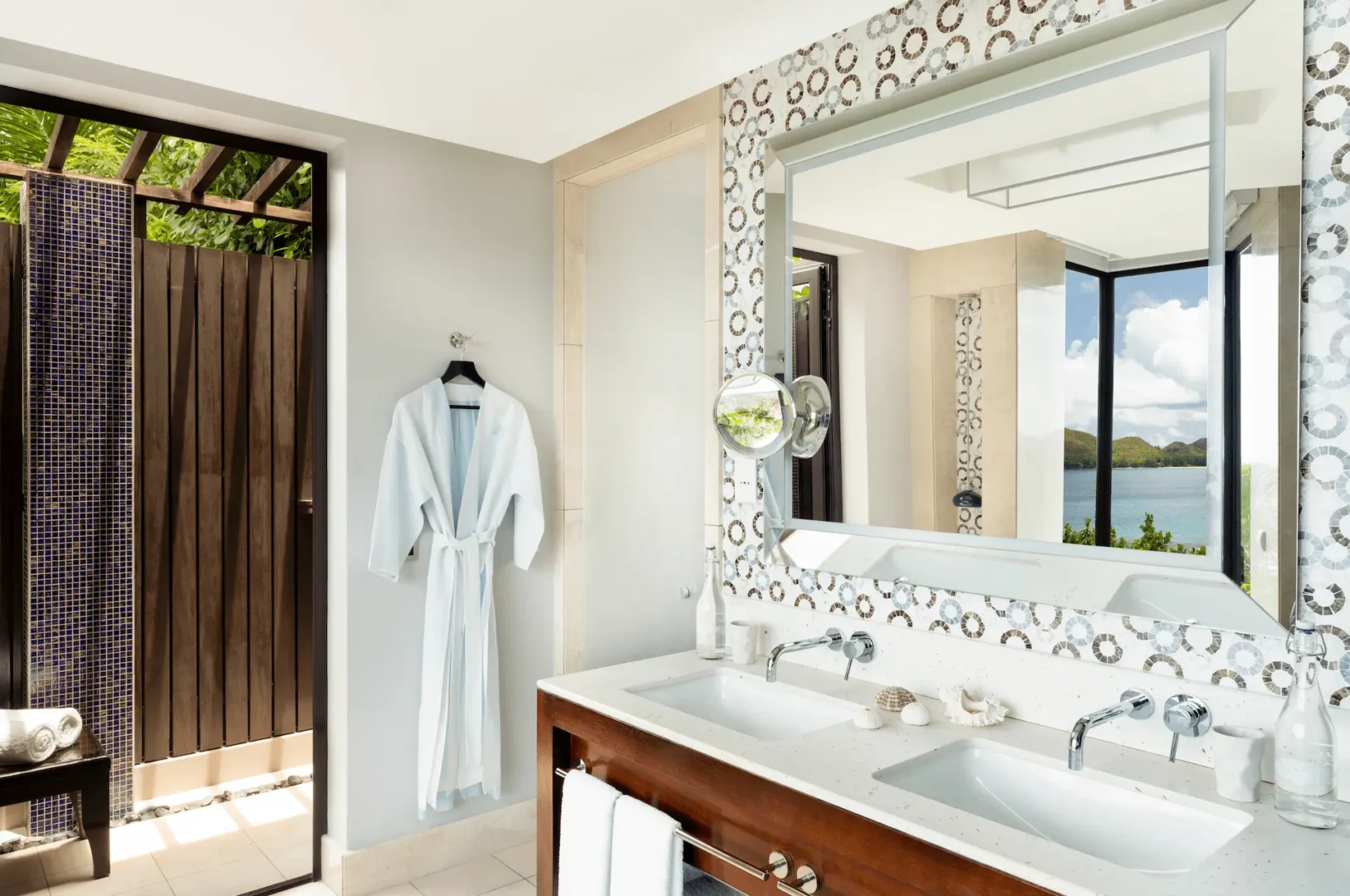 bathroom in grand hill side pool villa in seychelles with modern design and view