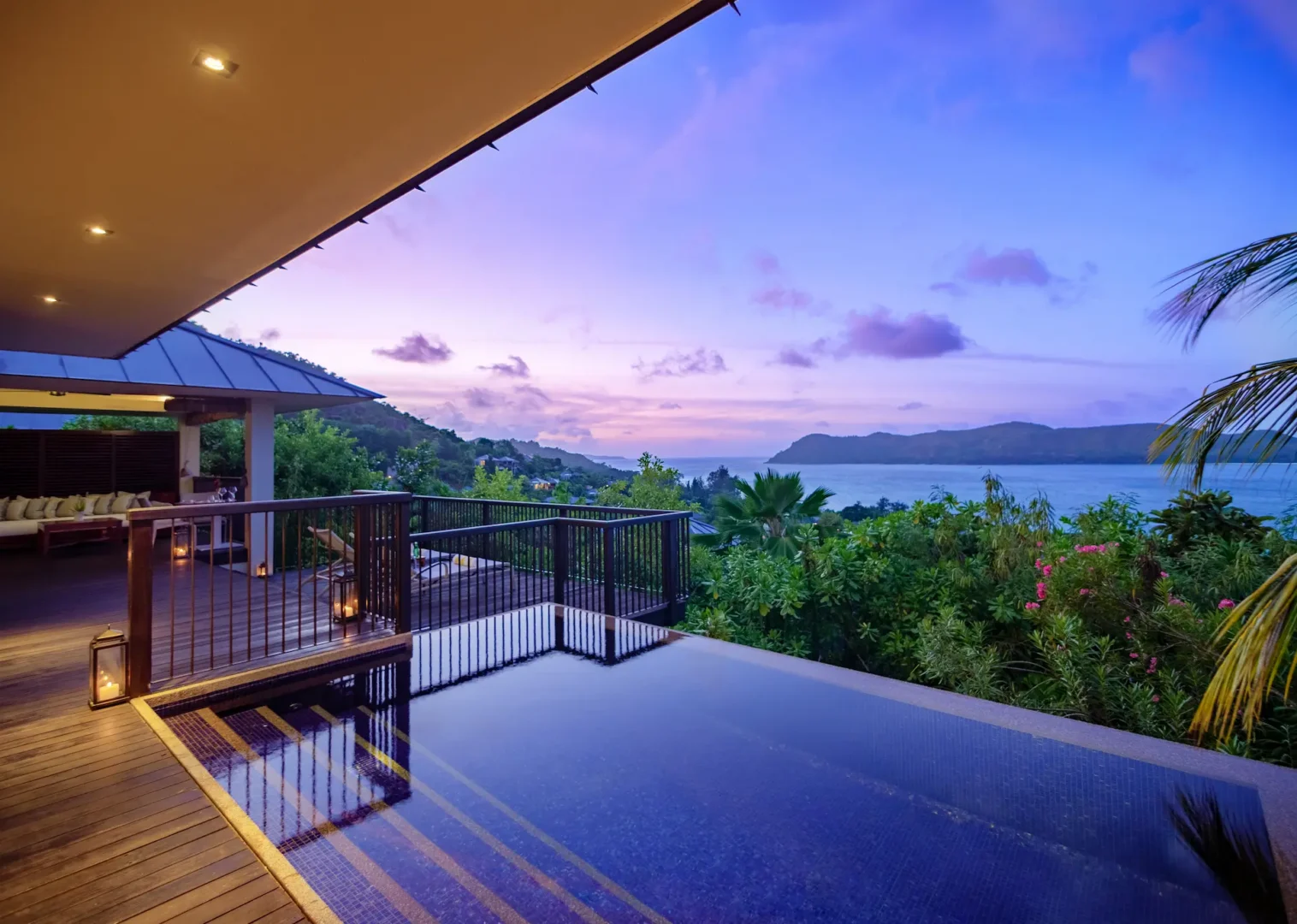 grand panoramic pool villa in seychelles at sunset with private pool