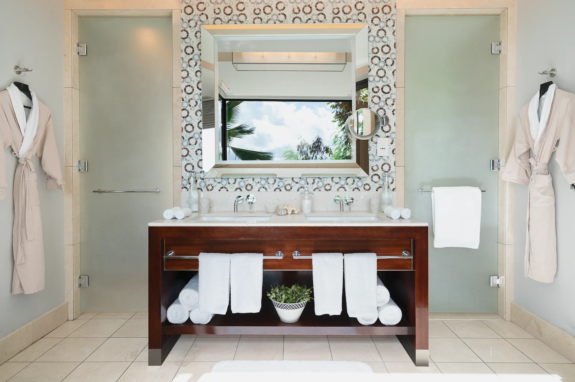 bathroom in hill side pool villa in seychelles with modern design and view