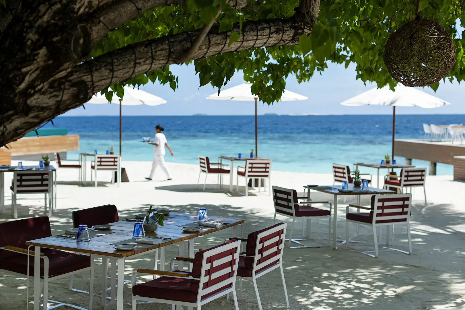 huvafen fushi maldives fogliani showcasing a relaxed beachfront dining space surrounded by tropical greenery and serene island ambience