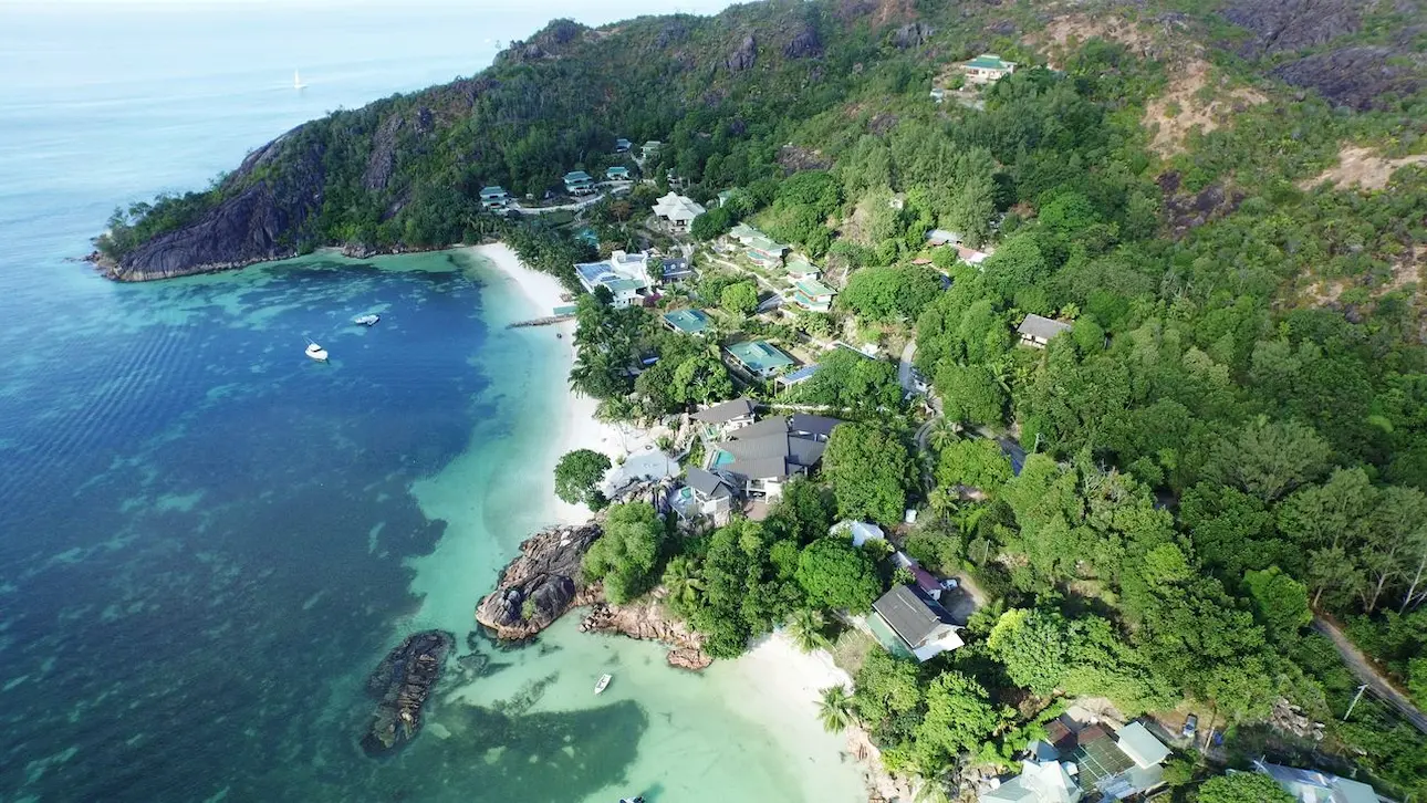 larchipel seychelles birds eye view of resort and tropical coastline