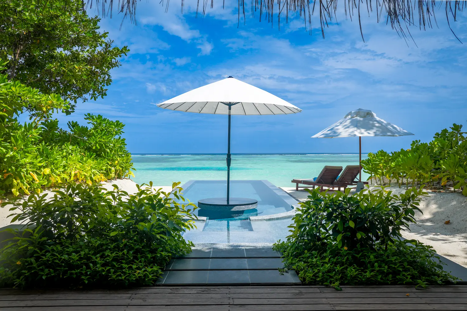 lux south ari atoll beachfront infinity pool villa view overlooking the lagoon and tropical surroundings