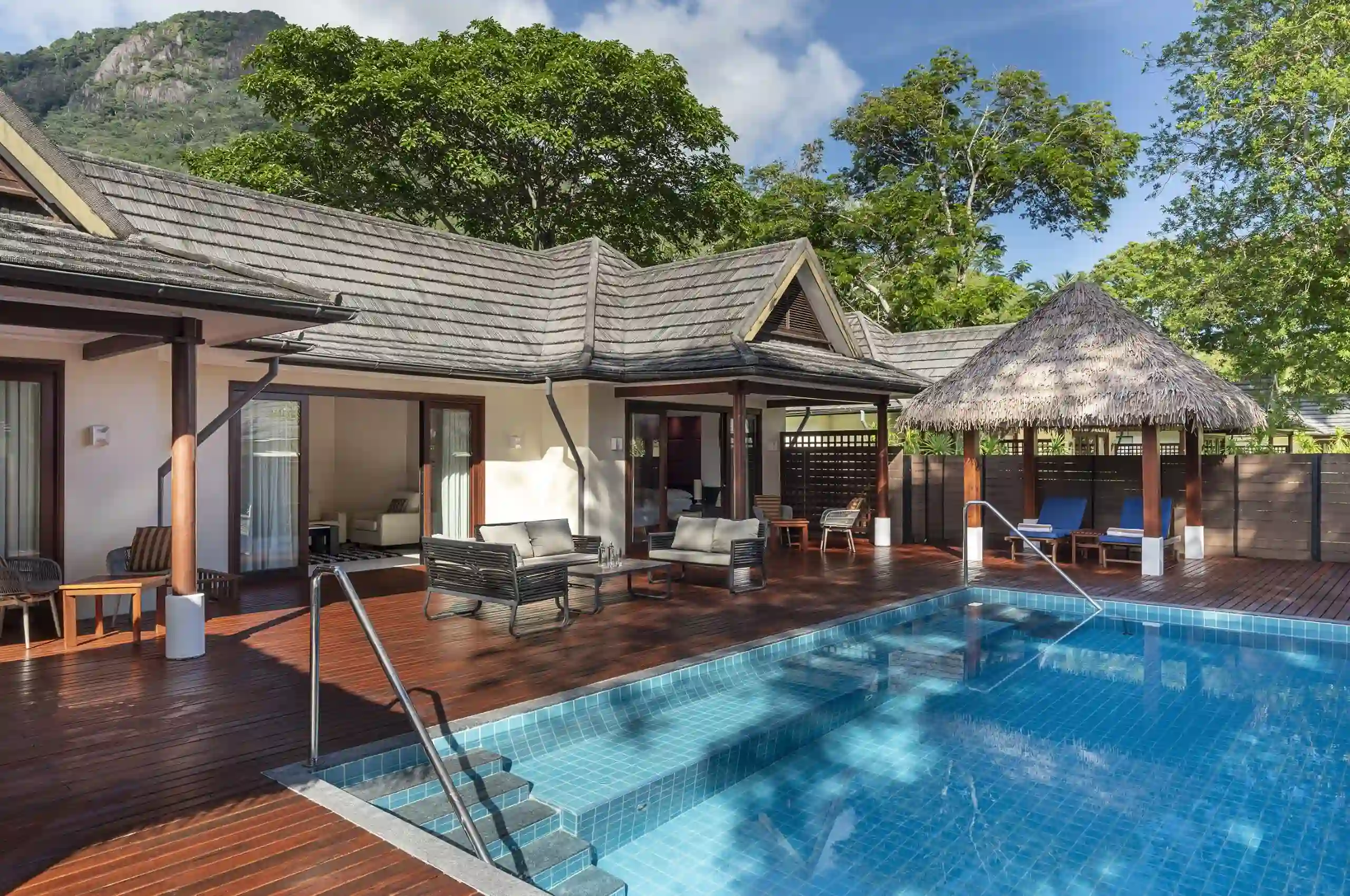 niva labriz seychelles beach villa with garden plunge pools and large private pool surrounded by tropical greenery