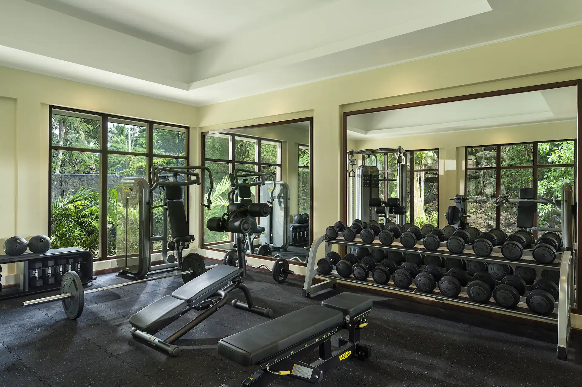 niva labriz seychelles gym with modern fitness equipment and ocean view