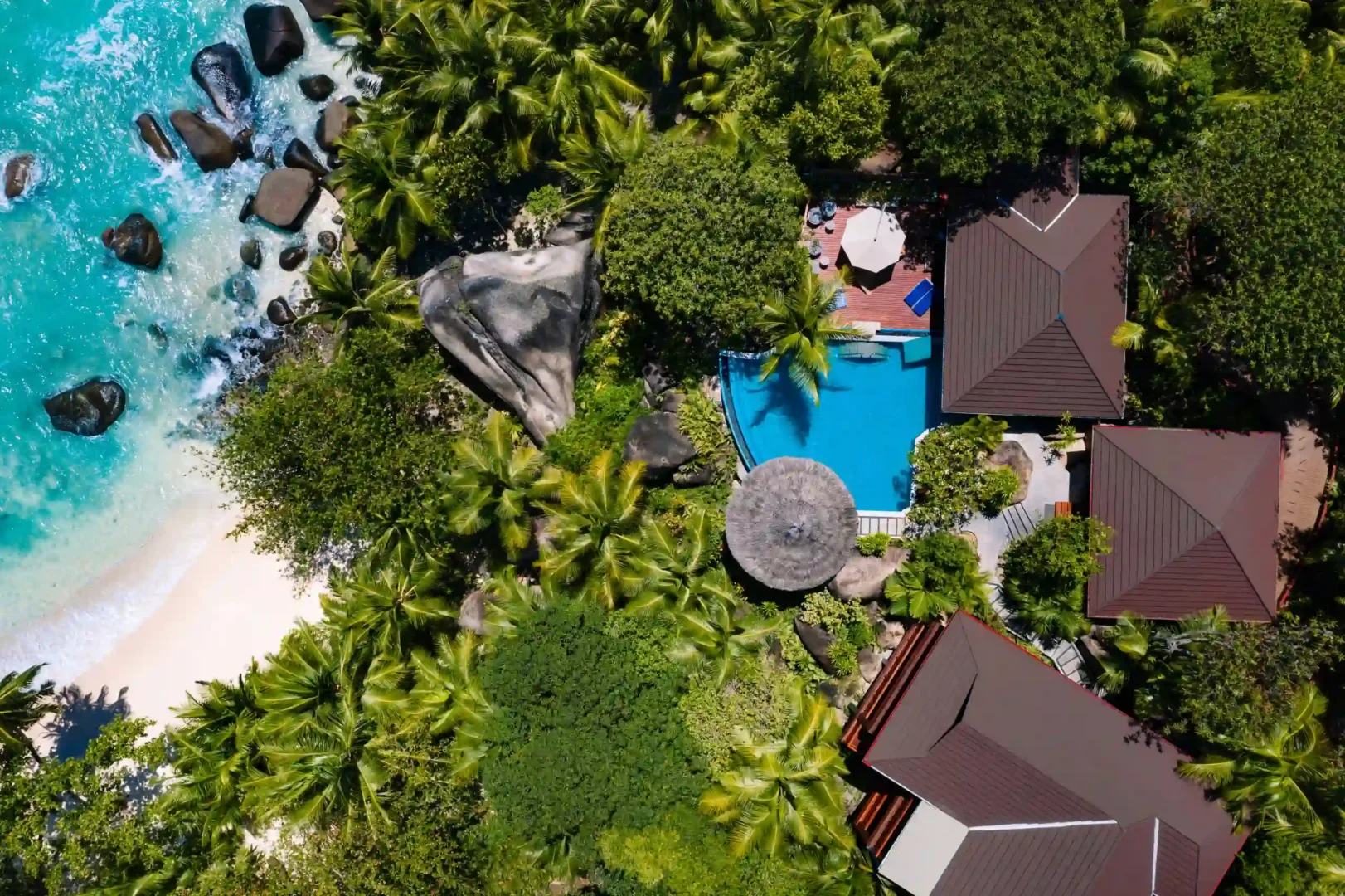 niva labriz seychelles two bedroom labriz retreat birds eye view of villa and surrounding tropical greenery