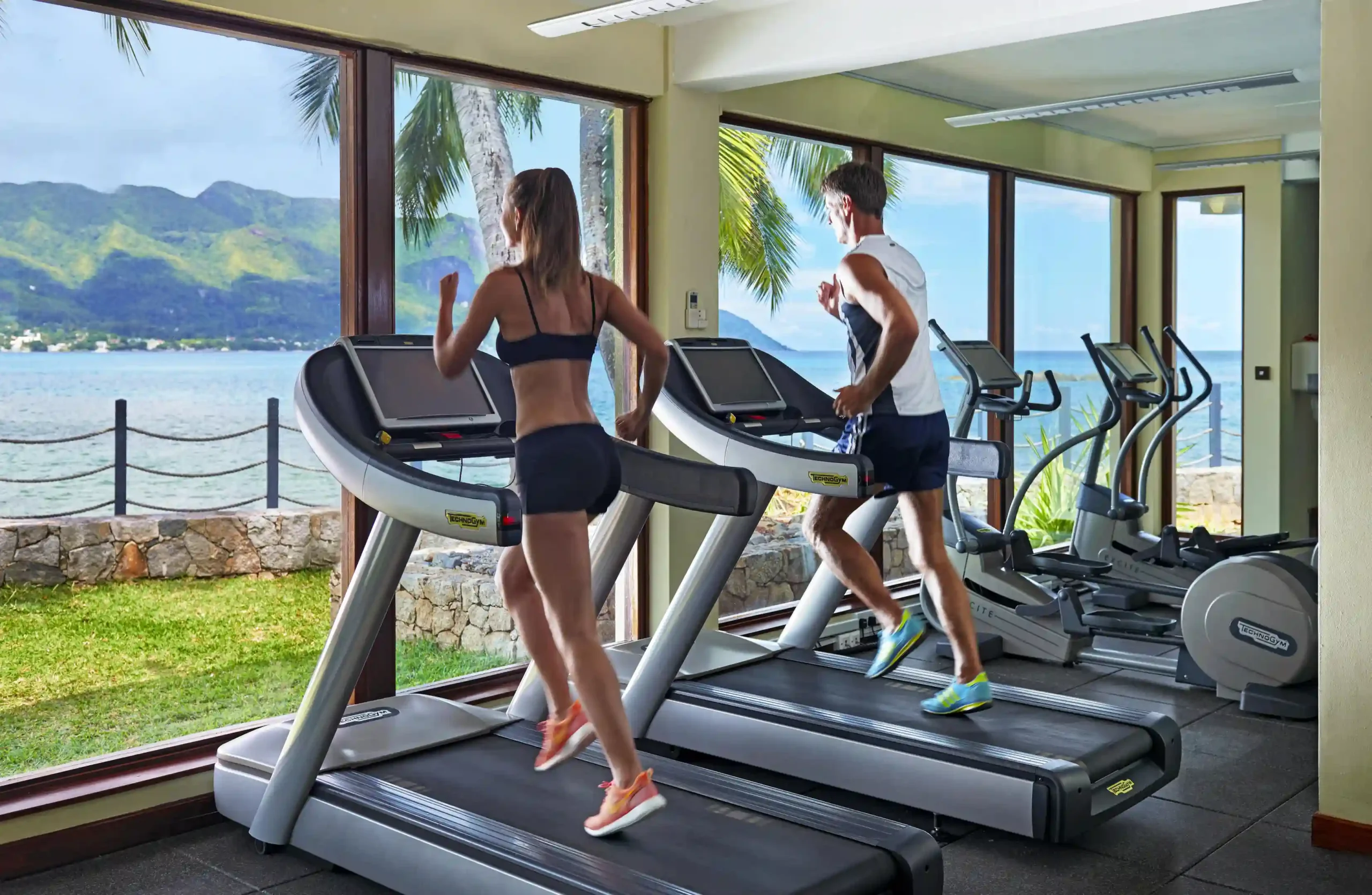 modern gym at northolme seychelles with exercise equipment and large windows overlooking tropical greenery