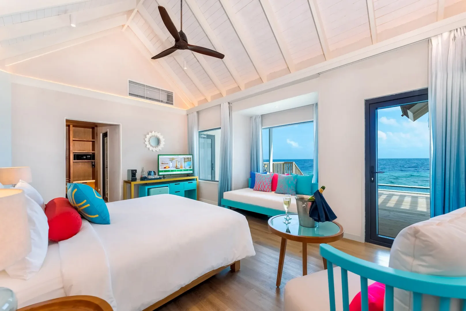 oblu nature helengeli water suite with pool bedroom view featuring elegant overwater design soft natural tones and a calm open lagoon outlook