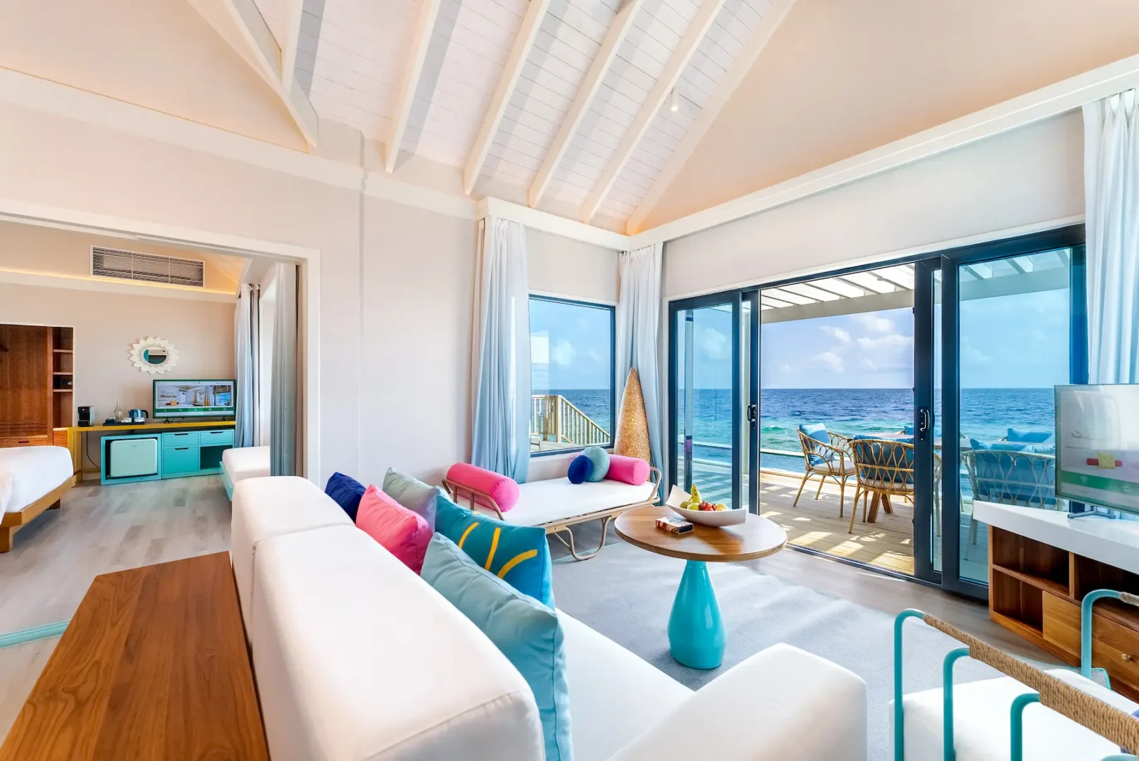 oblu nature helengeli water suite with pool living room featuring elegant island design soft natural textures and a calm spacious overwater ambience