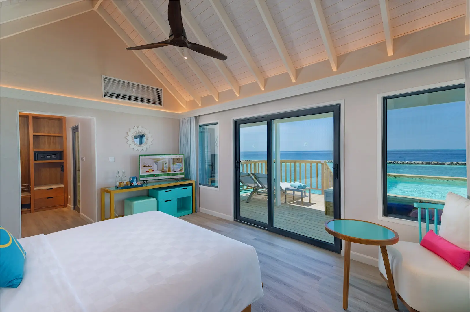 oblu nature helengeli water villa with pool interior bedroom featuring soft natural tones elegant overwater design and a calm spacious ambience