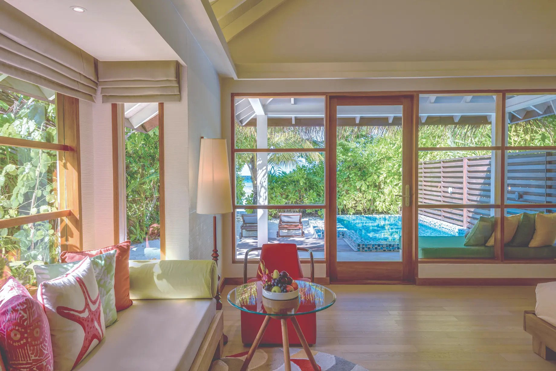 oblu select sangeli maldives beach villa with pool interior view elegant island interior with warm wood accents soft natural light and serene tropical ambience