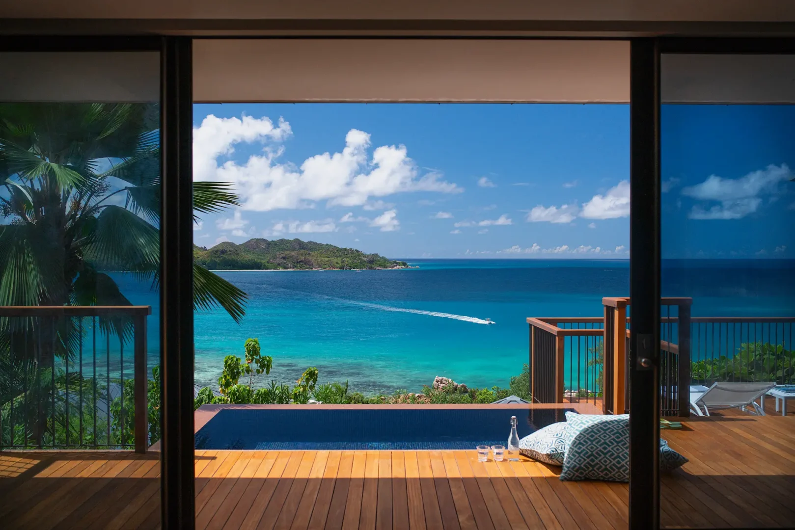 panoramic view from pool villa in seychelles showing private pool