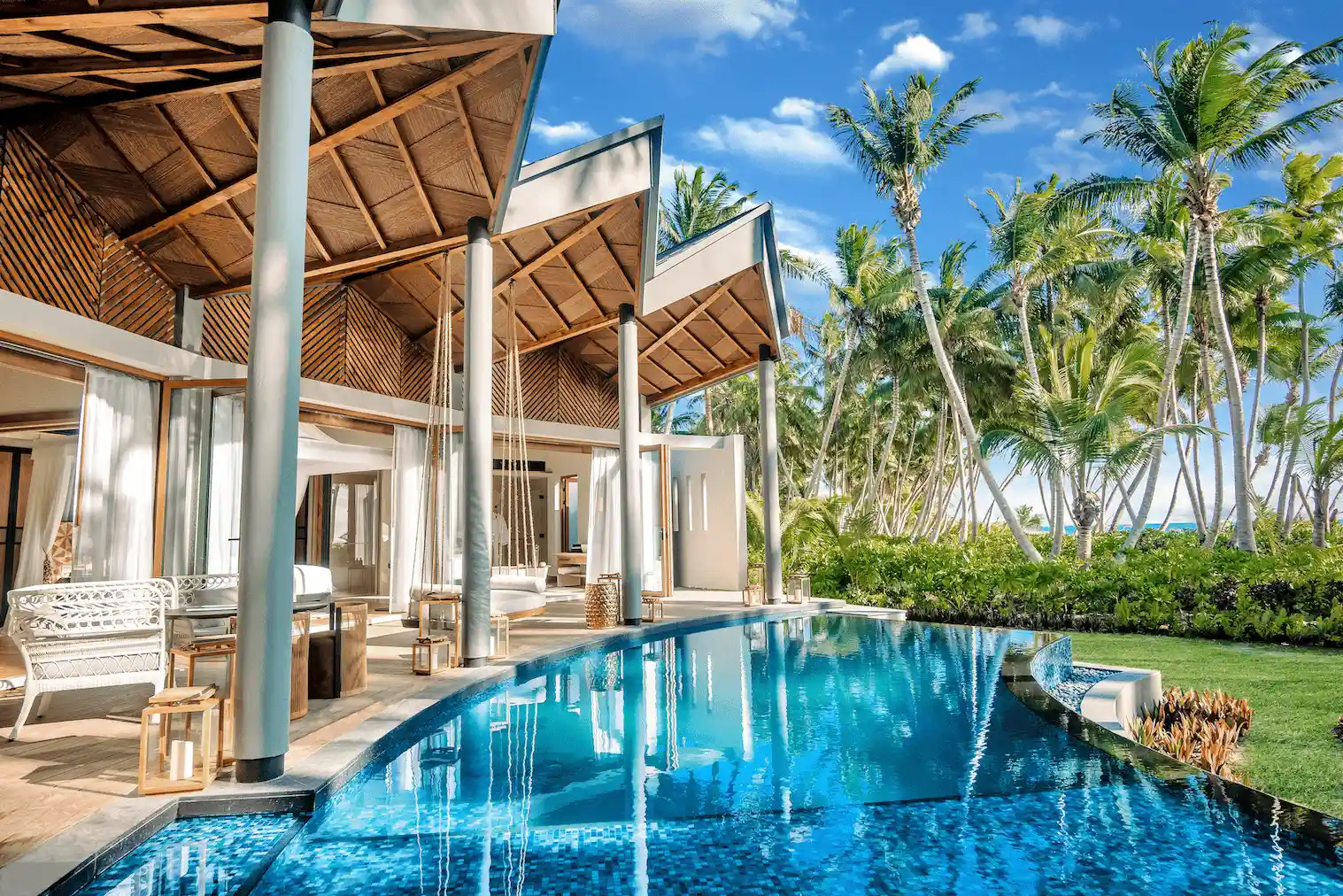 platte island seychelles villa with private pool, terrace, and panoramic ocean views surrounded by tropical greenery