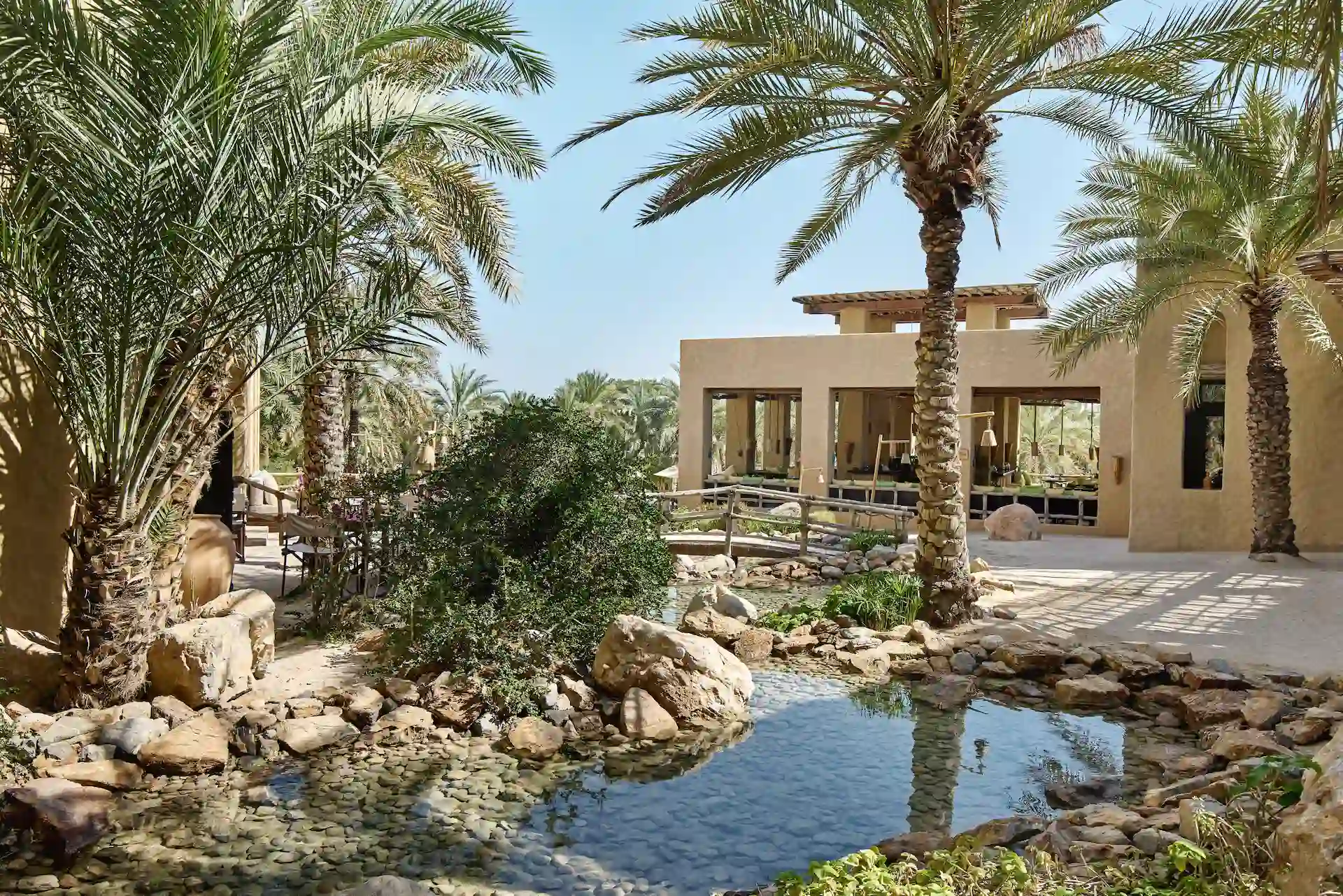 palm trees on the grounds of six senses zighy bay oman resort
