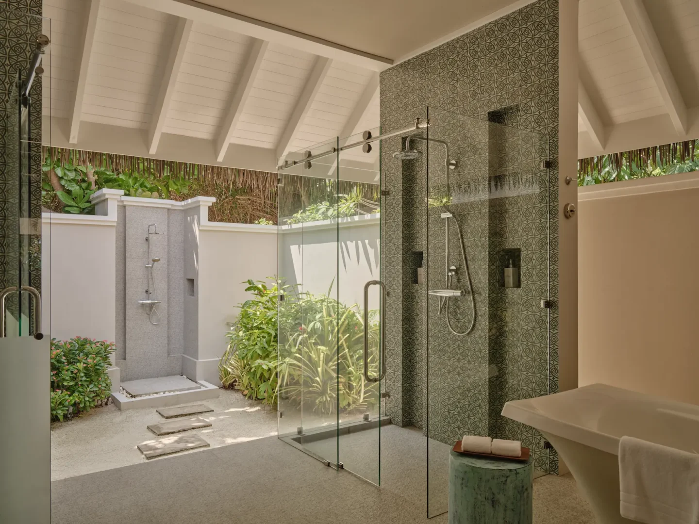 seaside finolhu beach villa bathroom featuring elegant coastal design natural textures and serene maldives island ambience