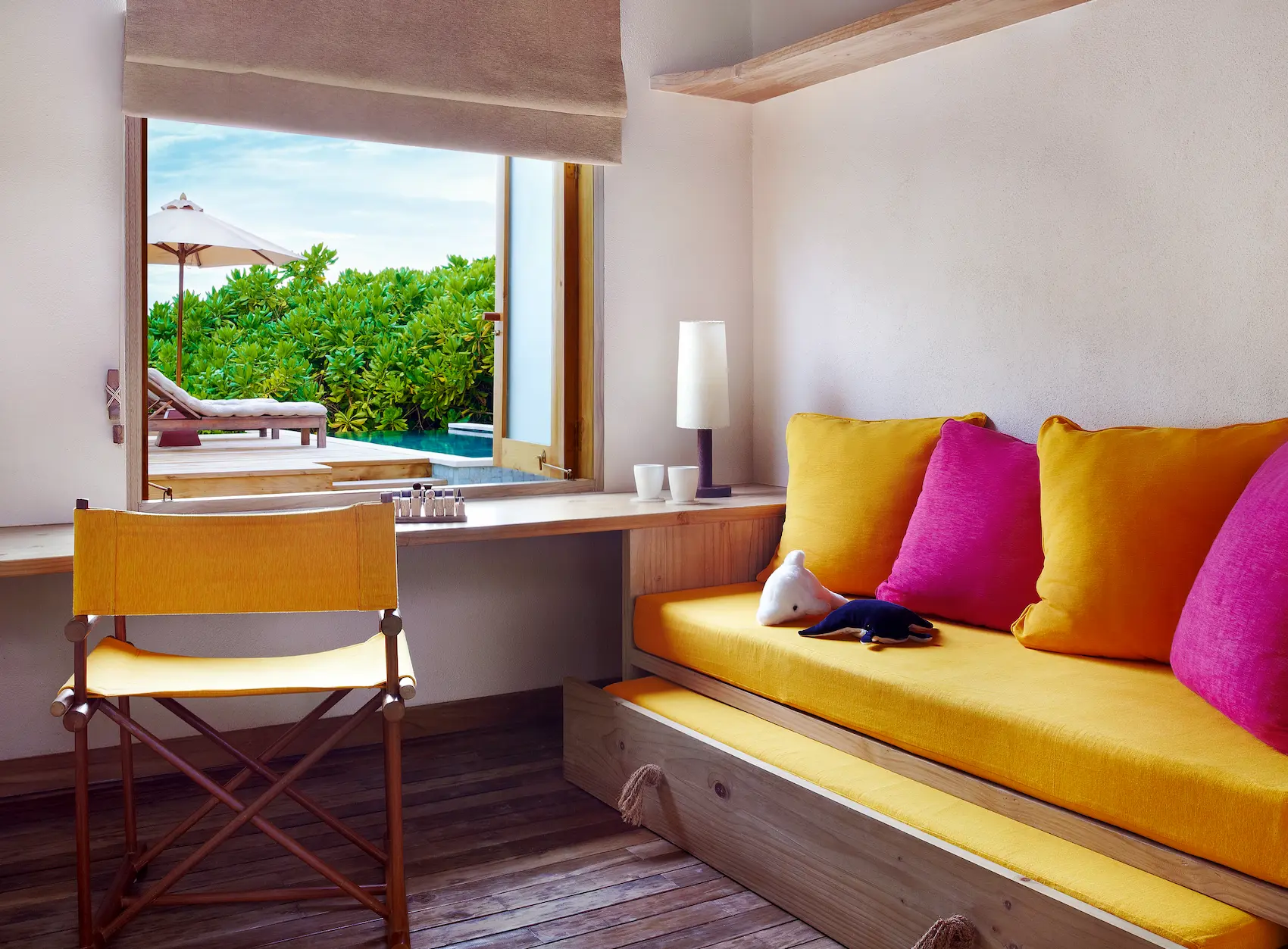 six senses laamu maldives family lagoon beach villa with pool kids bedroom featuring soft natural tones playful cozy design and a calm elevated barefoot luxury atmosphere