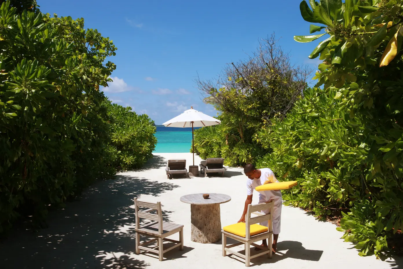 six senses laamu maldives ocean beach villa with pool beach view overlooking turquoise lagoon soft sand and a calm elevated barefoot luxury atmosphere