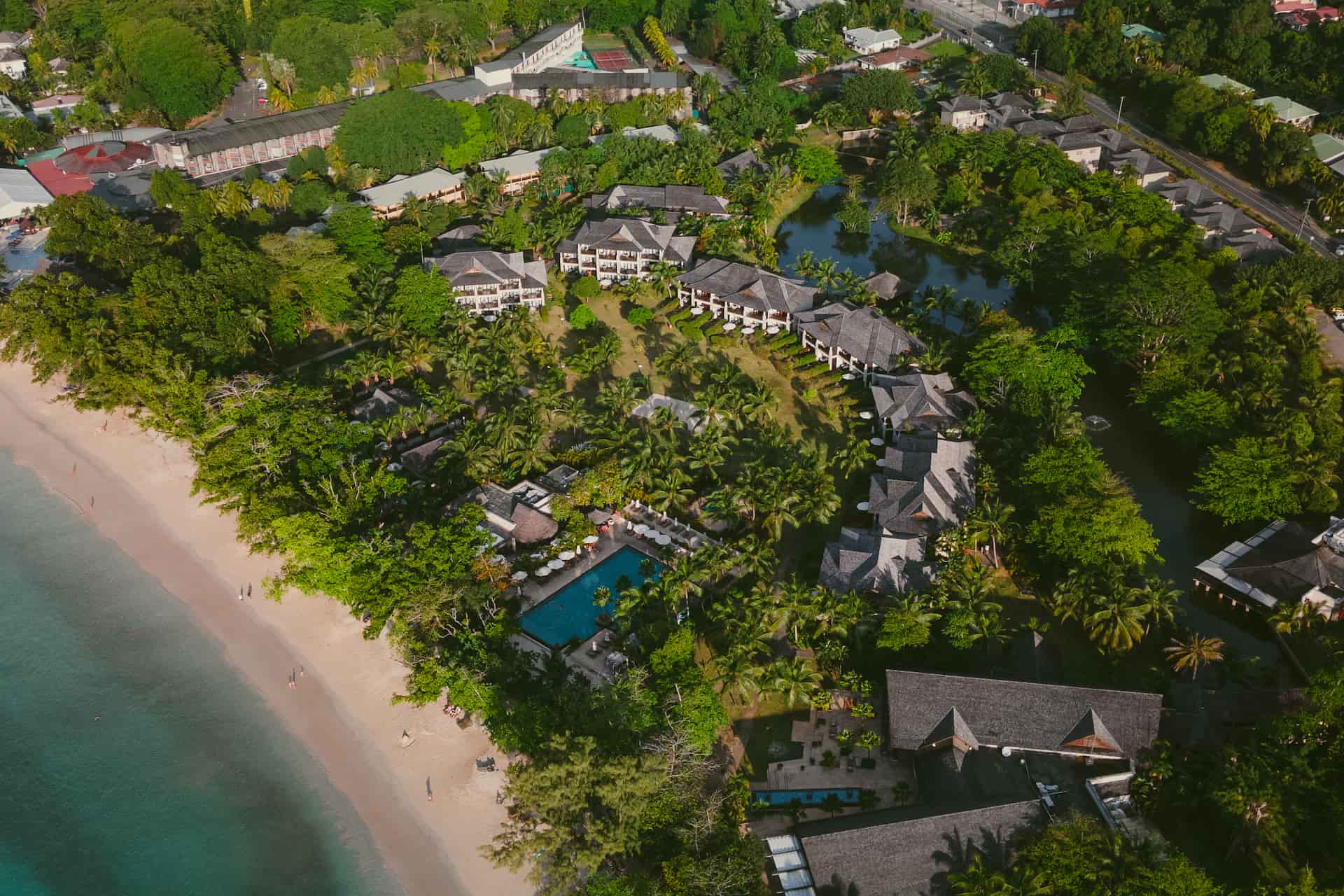 Aerial view of Seychelles showing turquoise waters, sandy beaches