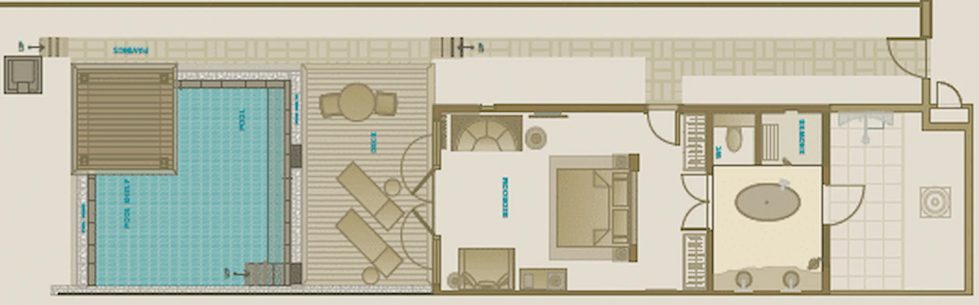 Floor plan of a beach pool villa in Seychelles, showing the layout of the bedroom, living area, bathroom, and private pool