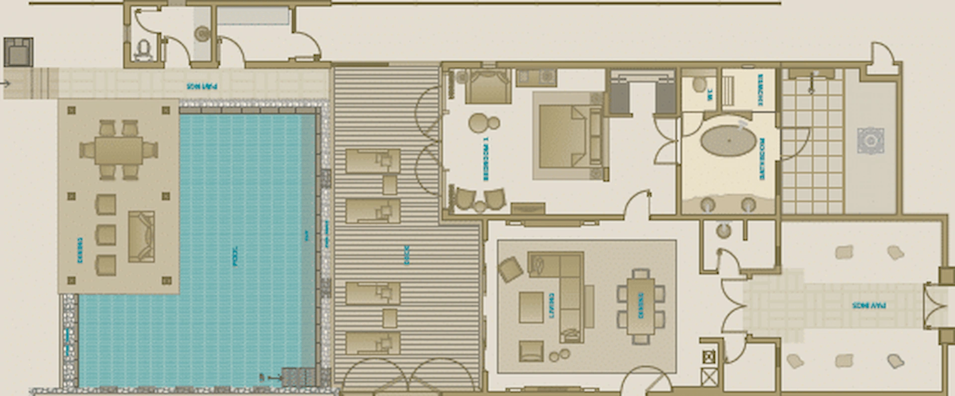 Floor plan of a grand beach pool villa in Seychelles, showing the layout of bedrooms, bathrooms, living areas, and private pool.