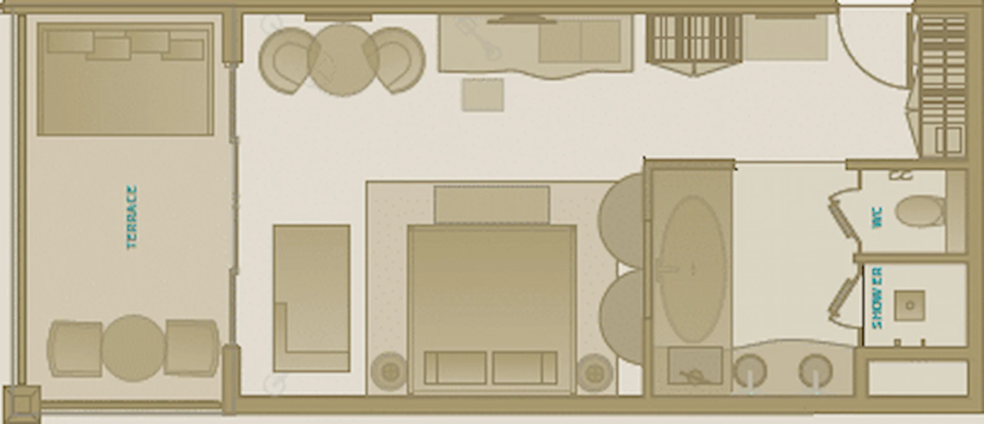Floor plan of a Seychelles junior suite showing the layout with bedroom, bathroom, and a balcony overlooking tropical views.