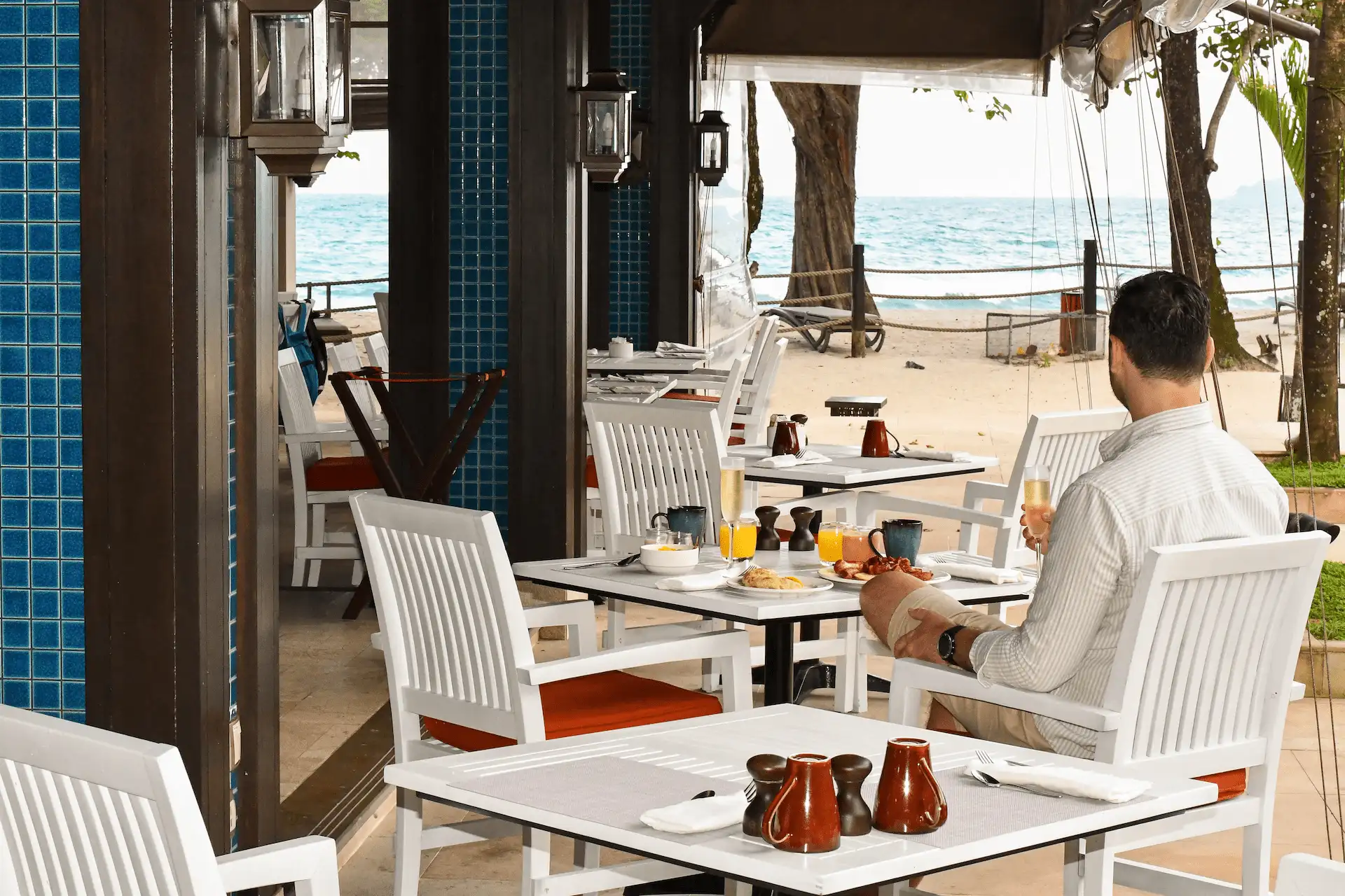 Vasco’s restaurant in Seychelles, featuring a coastal-themed dining area with tables overlooking tropical surroundings