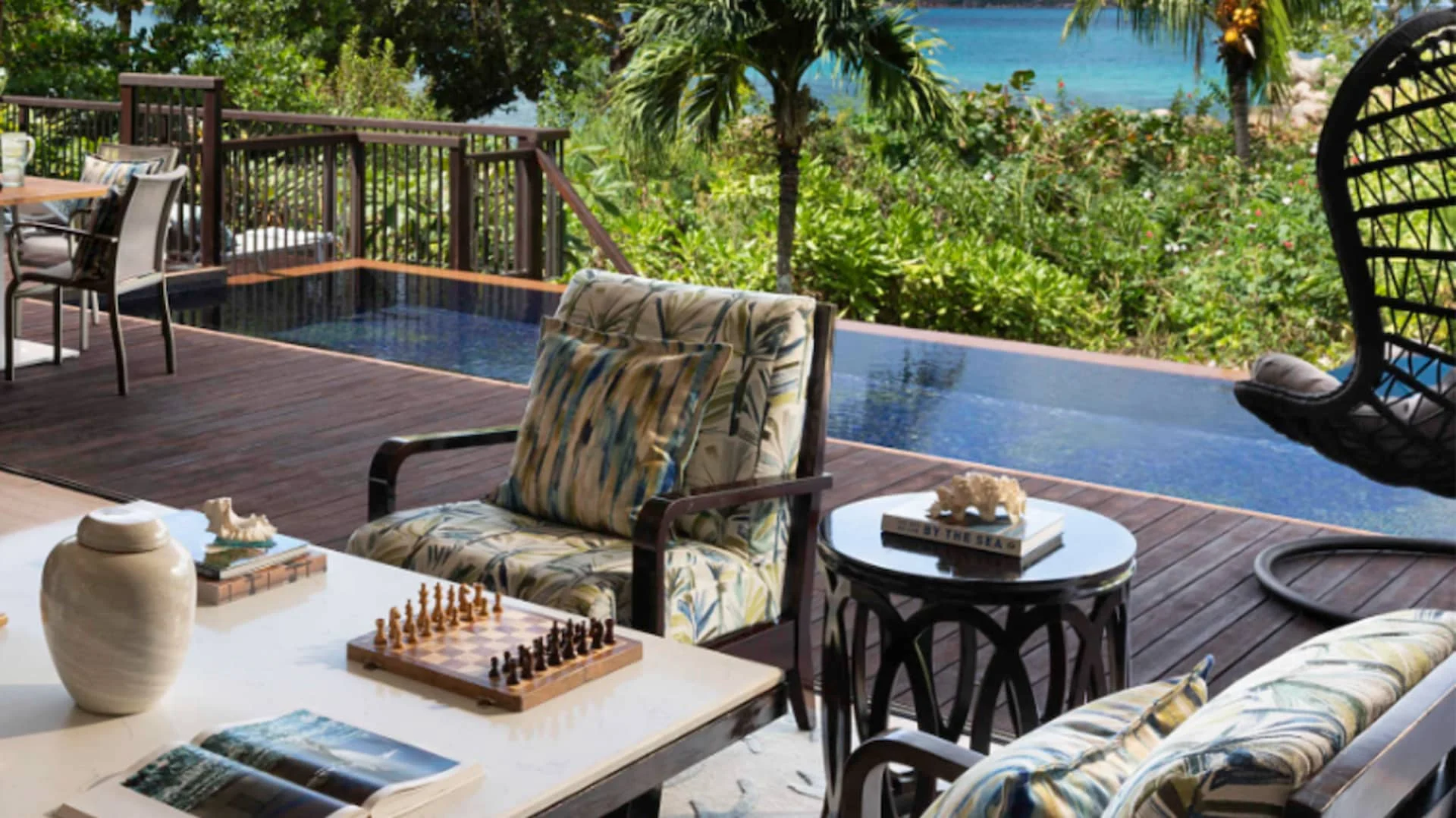 private pool of two bedroom beachfront pool villa in seychelles with white sand beach and turquoise ocean