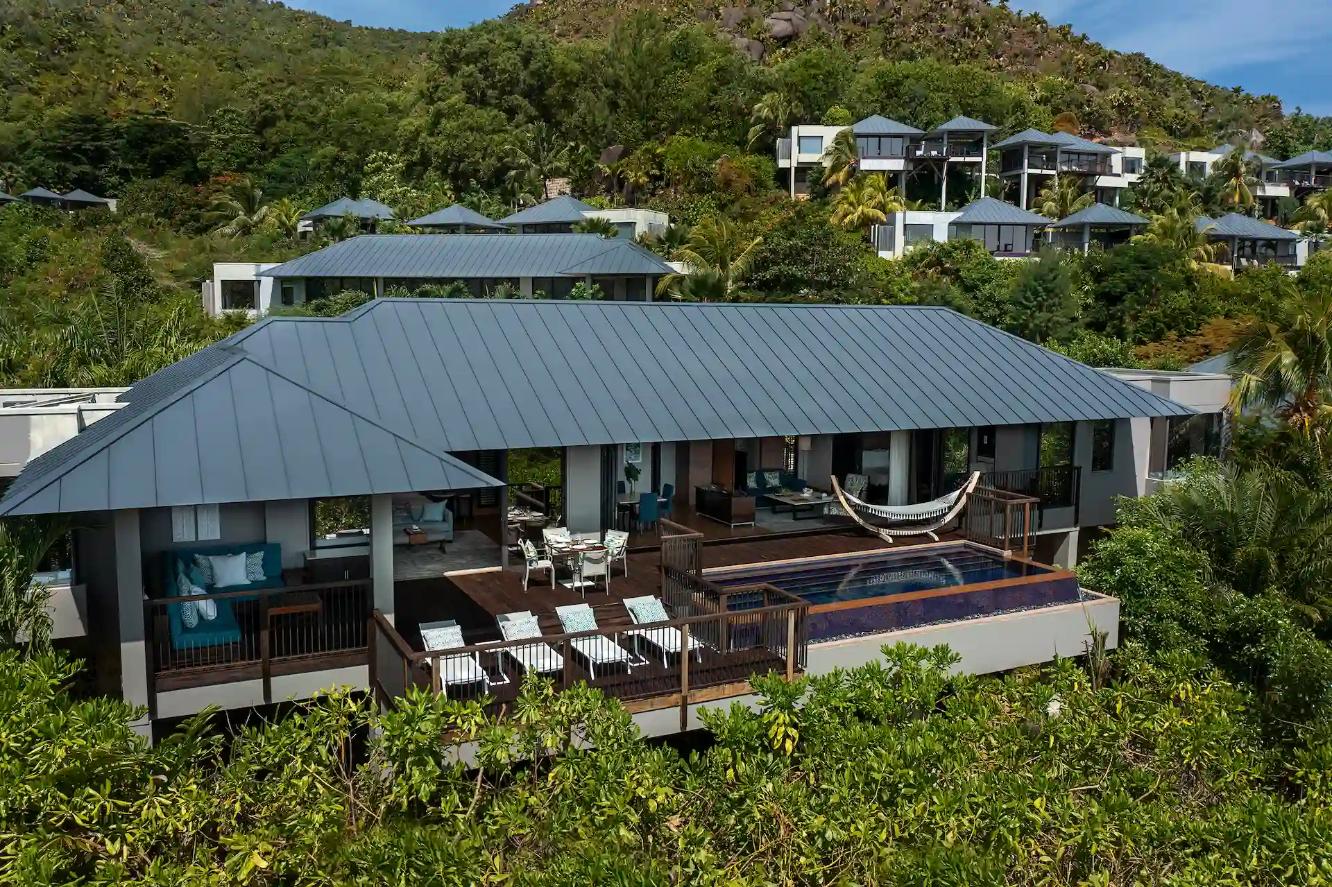 exterior view of two bedroom ocean pool villa in seychelles with private pool