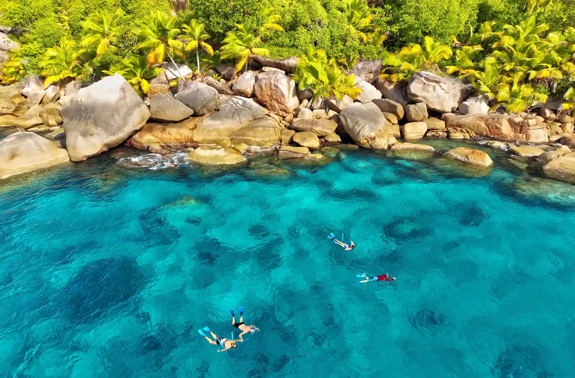 snorkelling near an island during a cruise with Variety Cruises in the Seychelles with clear turquoise water, coral reef, and tropical shoreline