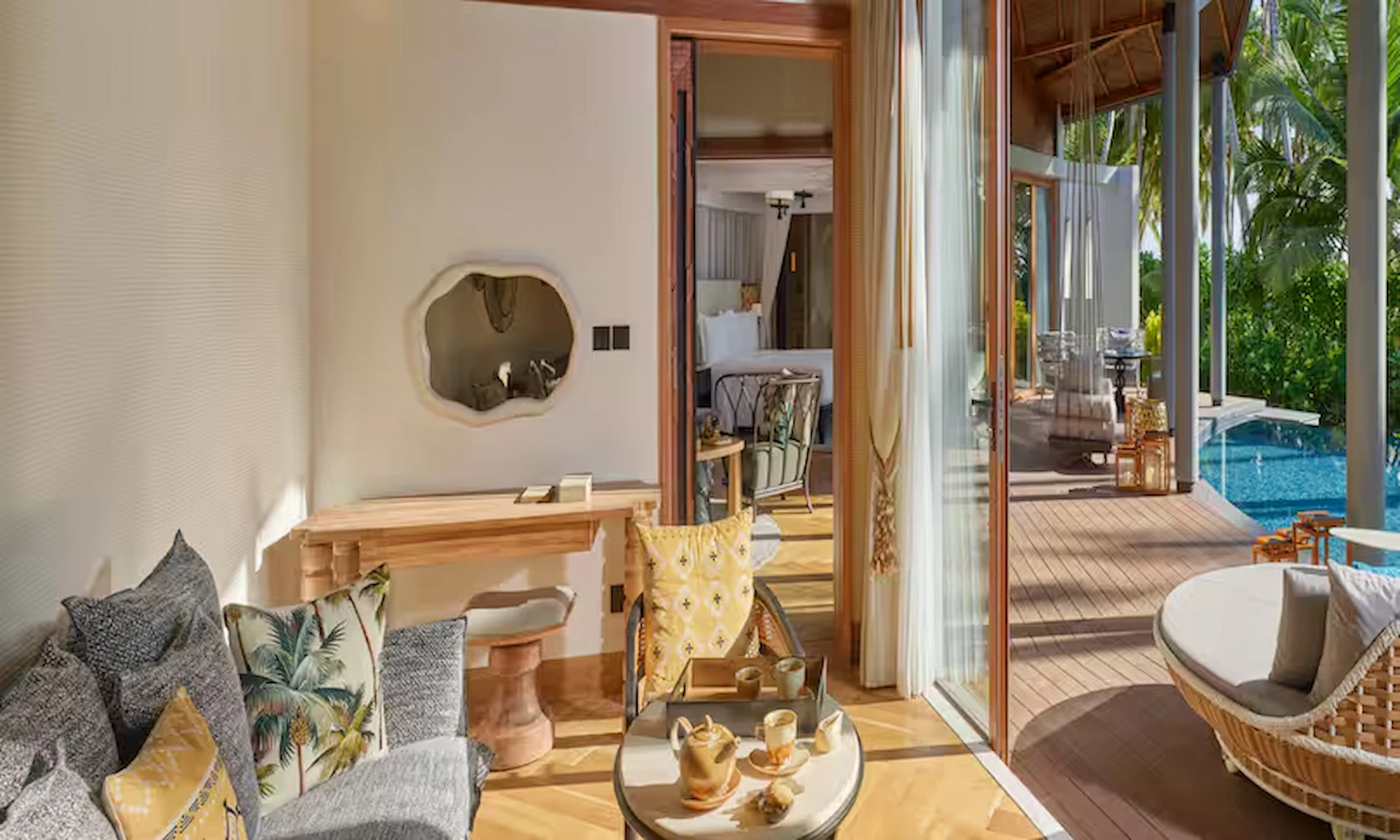 waldorf astoria seychelles one bedroom grand hawksbill pool villa outdoor dining area with table and pool view