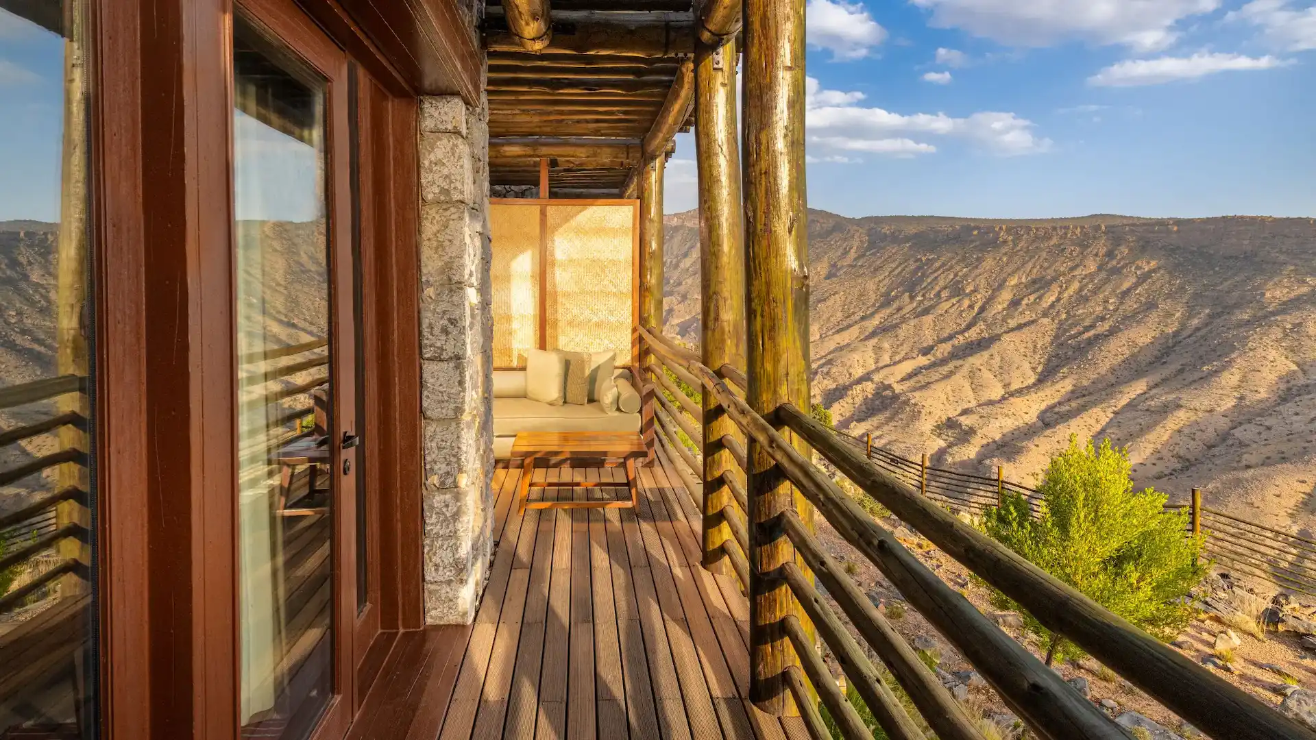 balcony with jabal ridge view at alila jabal akhdar oman