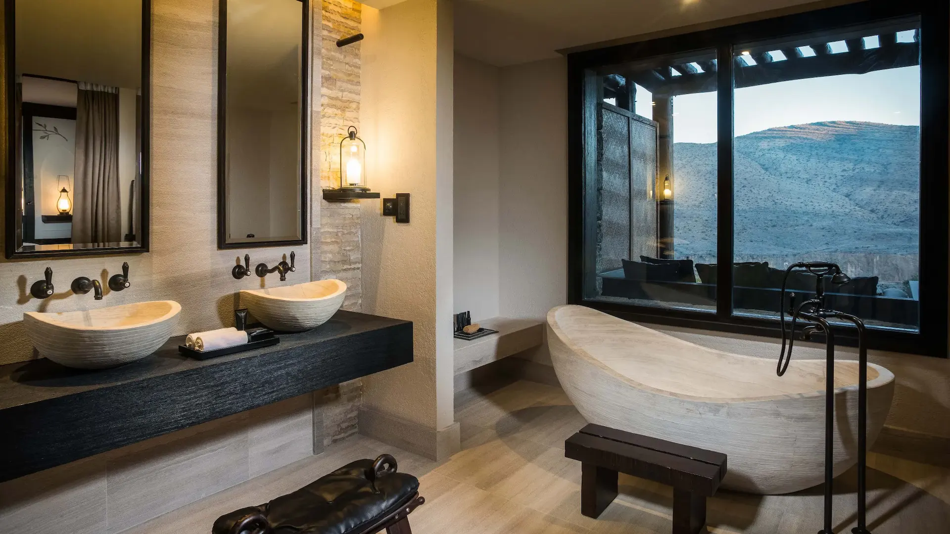 bathroom with mountain view at alila jabal akhdar oman