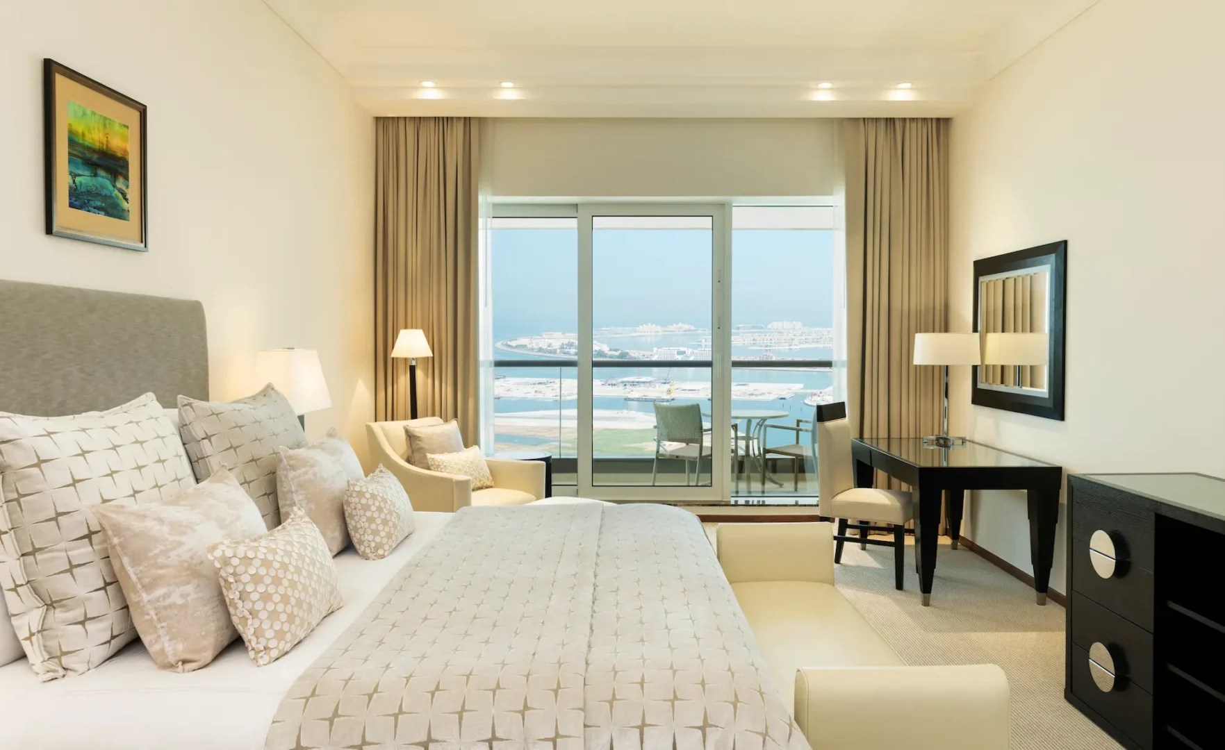 grosvenor house dubai one bed apartment king bed featuring refined luxury finishes and elegant contemporary styling